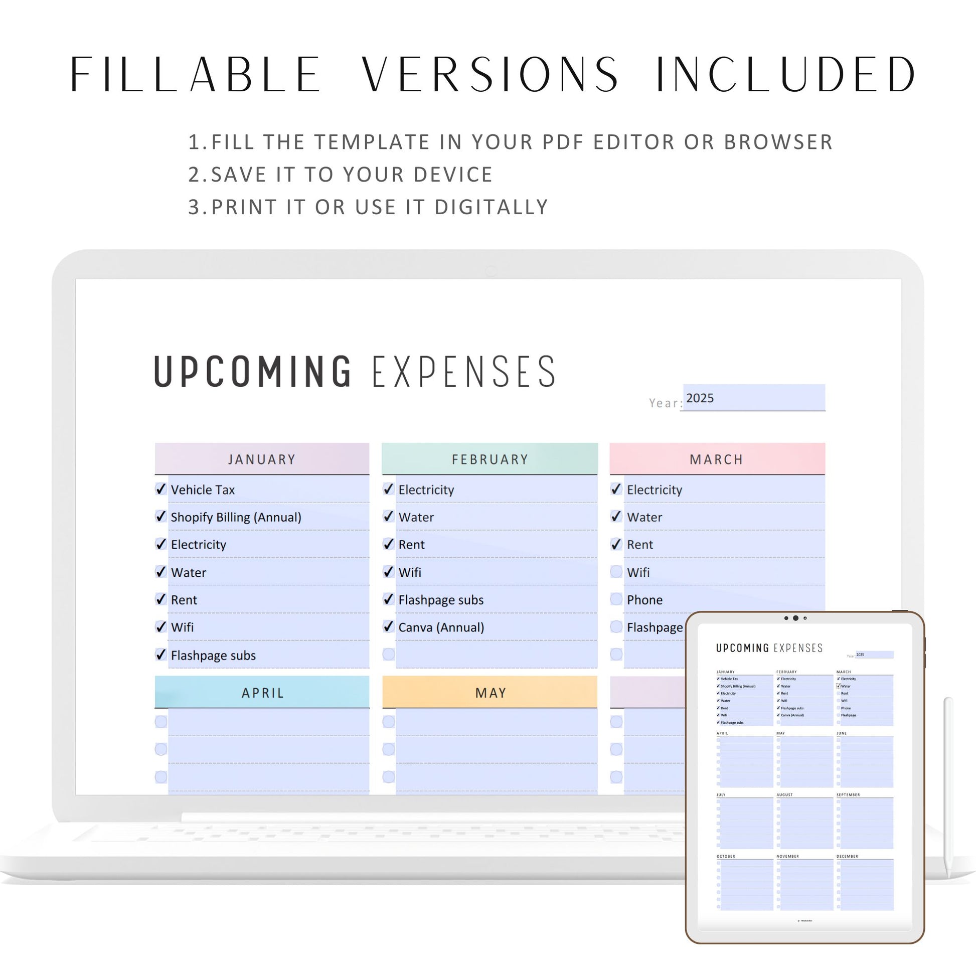 Upcoming Expenses Printable, Fillable Yearly Spending Overview, Budget Plan, Spending Tracker, A4, A5, Letter, Half Letter, 2 Colors, Digital Planner, Printable Planner, PDF Fillable
