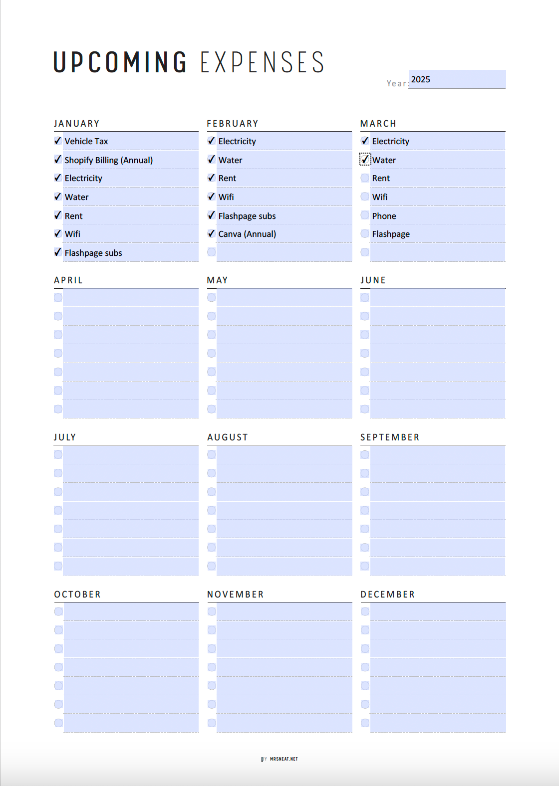 Upcoming Expenses Printable, Fillable Yearly Spending Overview, Budget Plan, Spending Tracker, A4, A5, Letter, Half Letter, 2 Colors, Digital Planner, Printable Planner, PDF Fillable