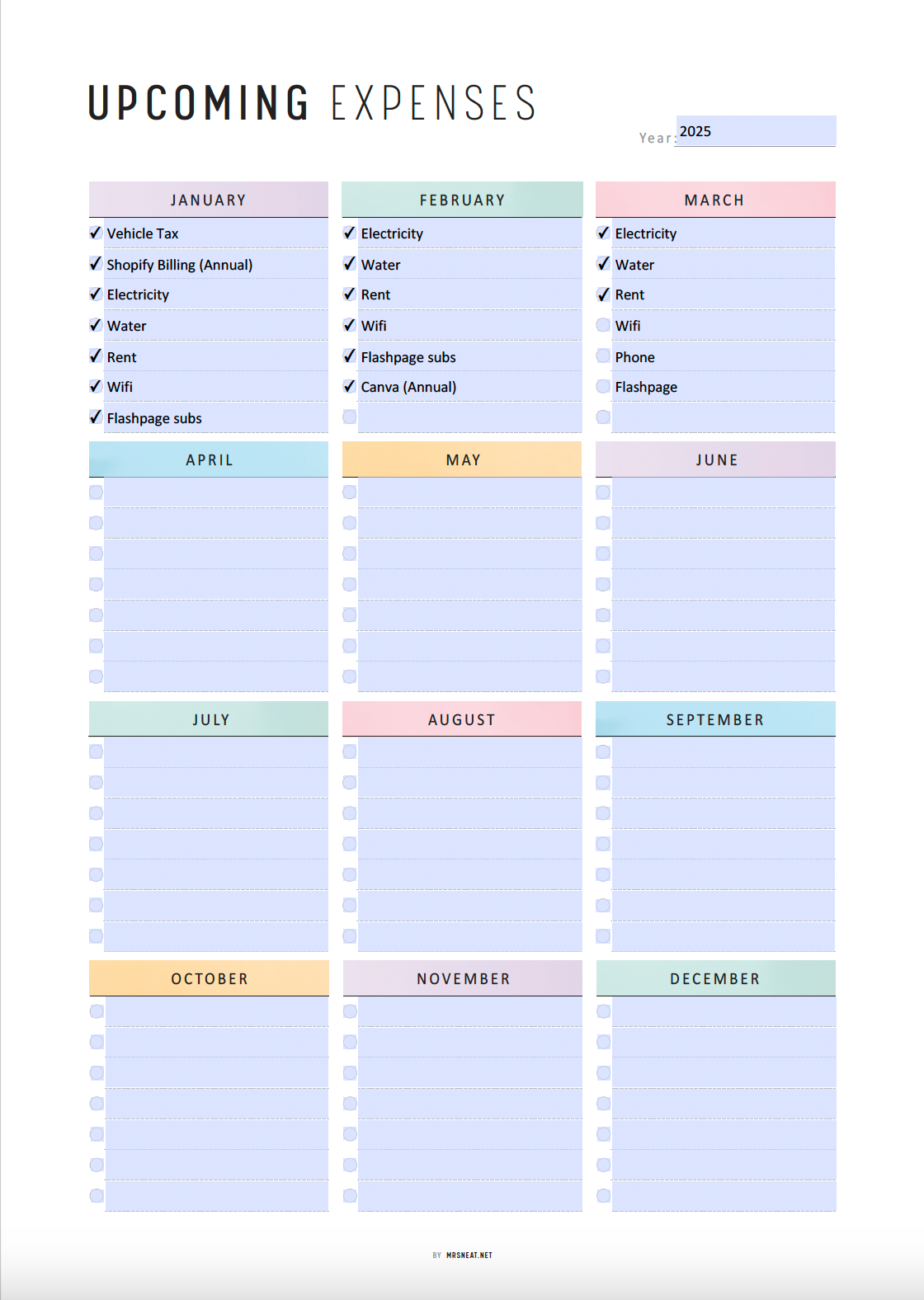 Upcoming Expenses Printable, Fillable Yearly Spending Overview, Budget Plan, Spending Tracker, A4, A5, Letter, Half Letter, 2 Colors, Digital Planner, Printable Planner, PDF Fillable