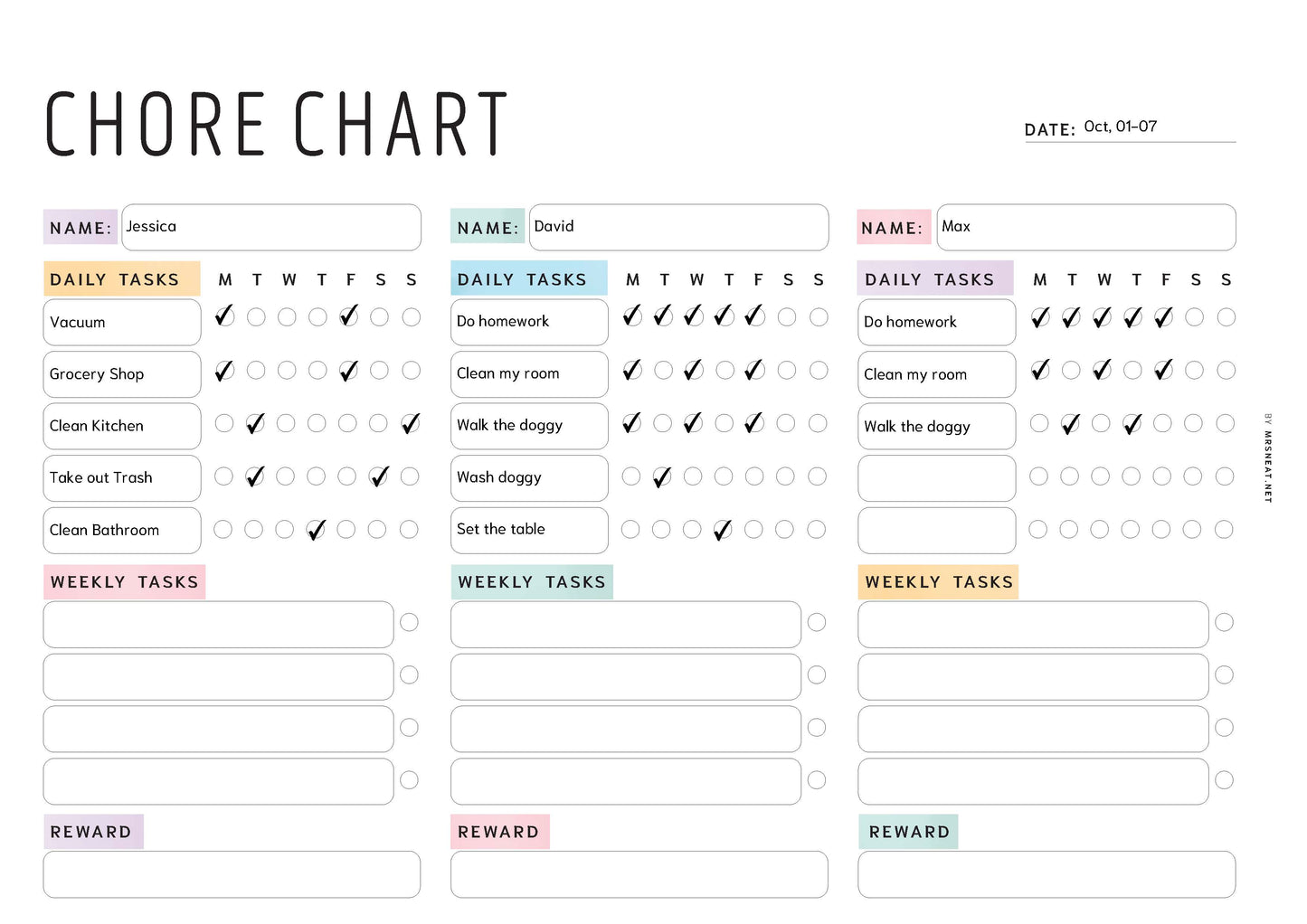 Chore chart with tasks assigned to different family members on a white background