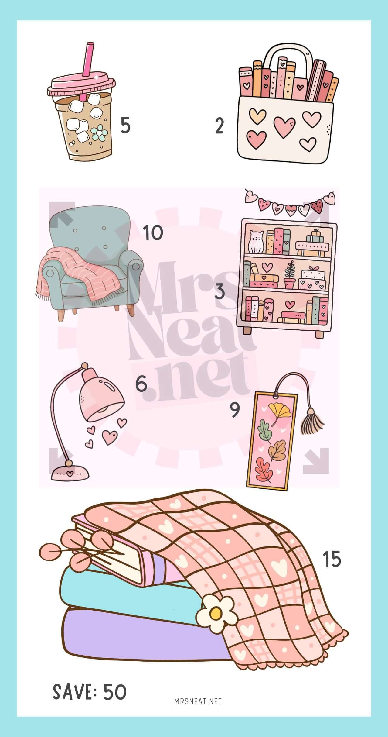 Kawaii Soft Blue Bookish Mini Savings Challenge PRINTABLE for Book Lovers A6 size Digital Download