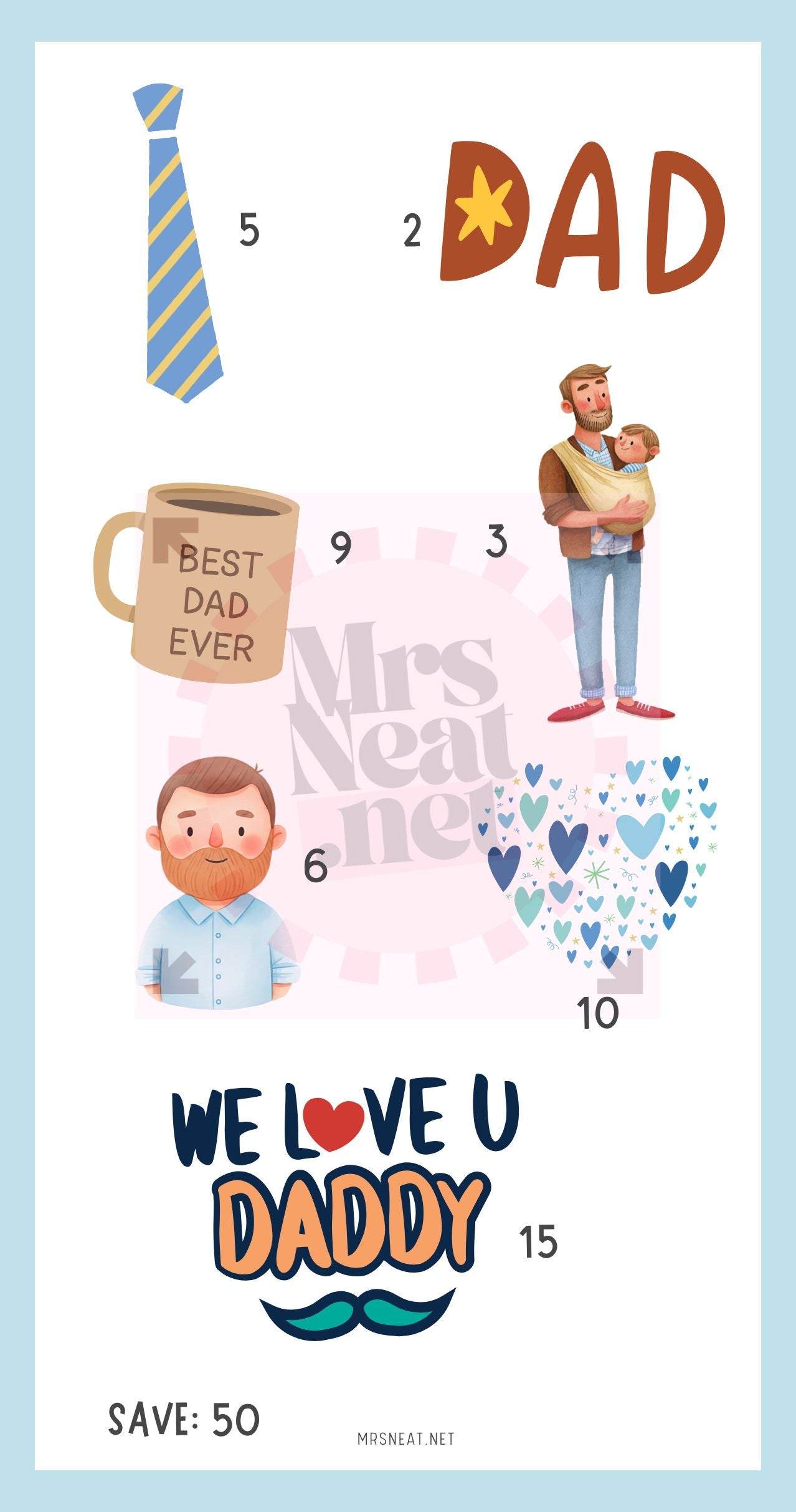 Kawaii Soft Blue We Love Daddy Mini Savings Challenge A6 size Budget Binder Insert for Low Income Budget Tracker, Instant Download