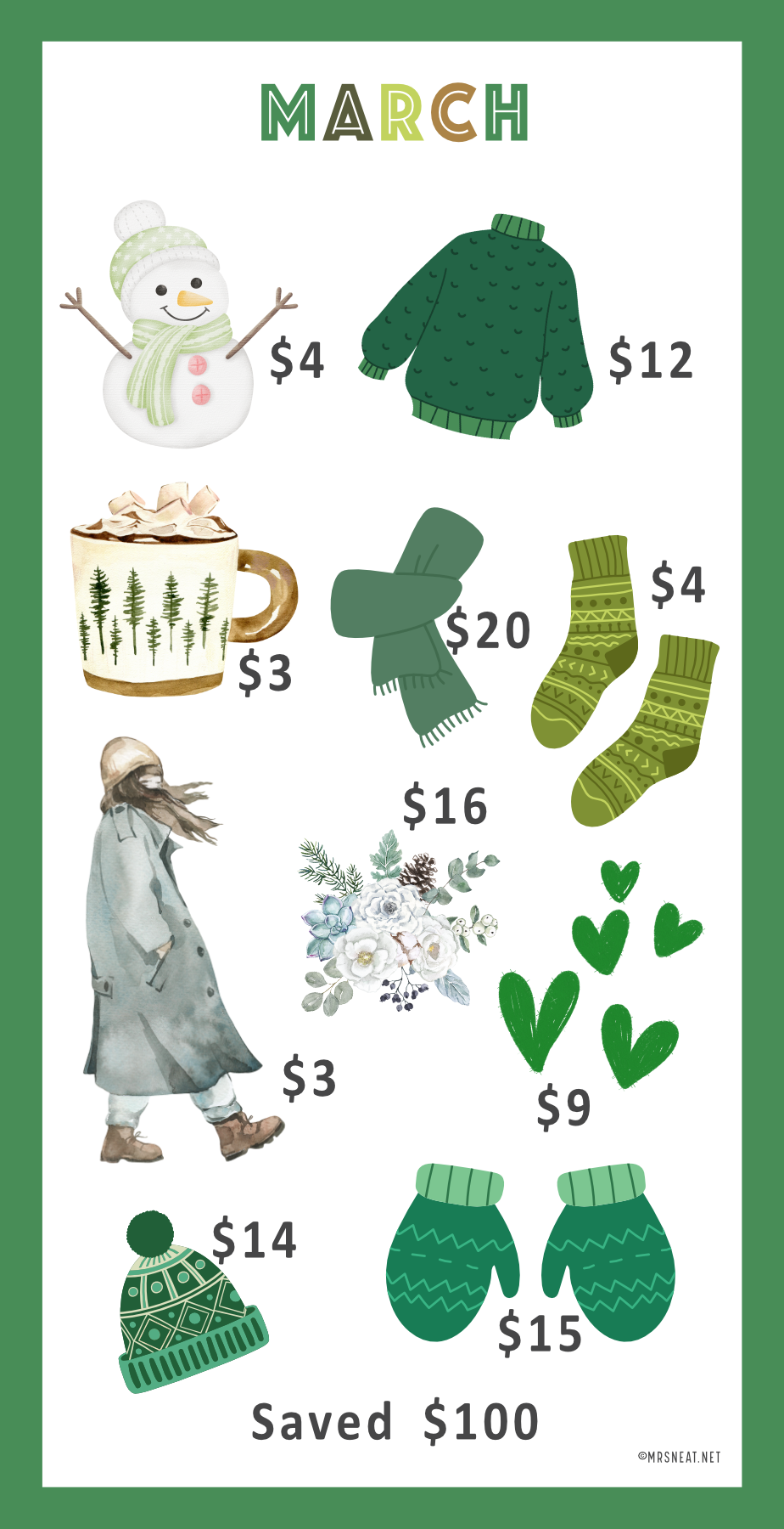 Mini Savings Challenge for March with various items and their saving amount on a green border.
