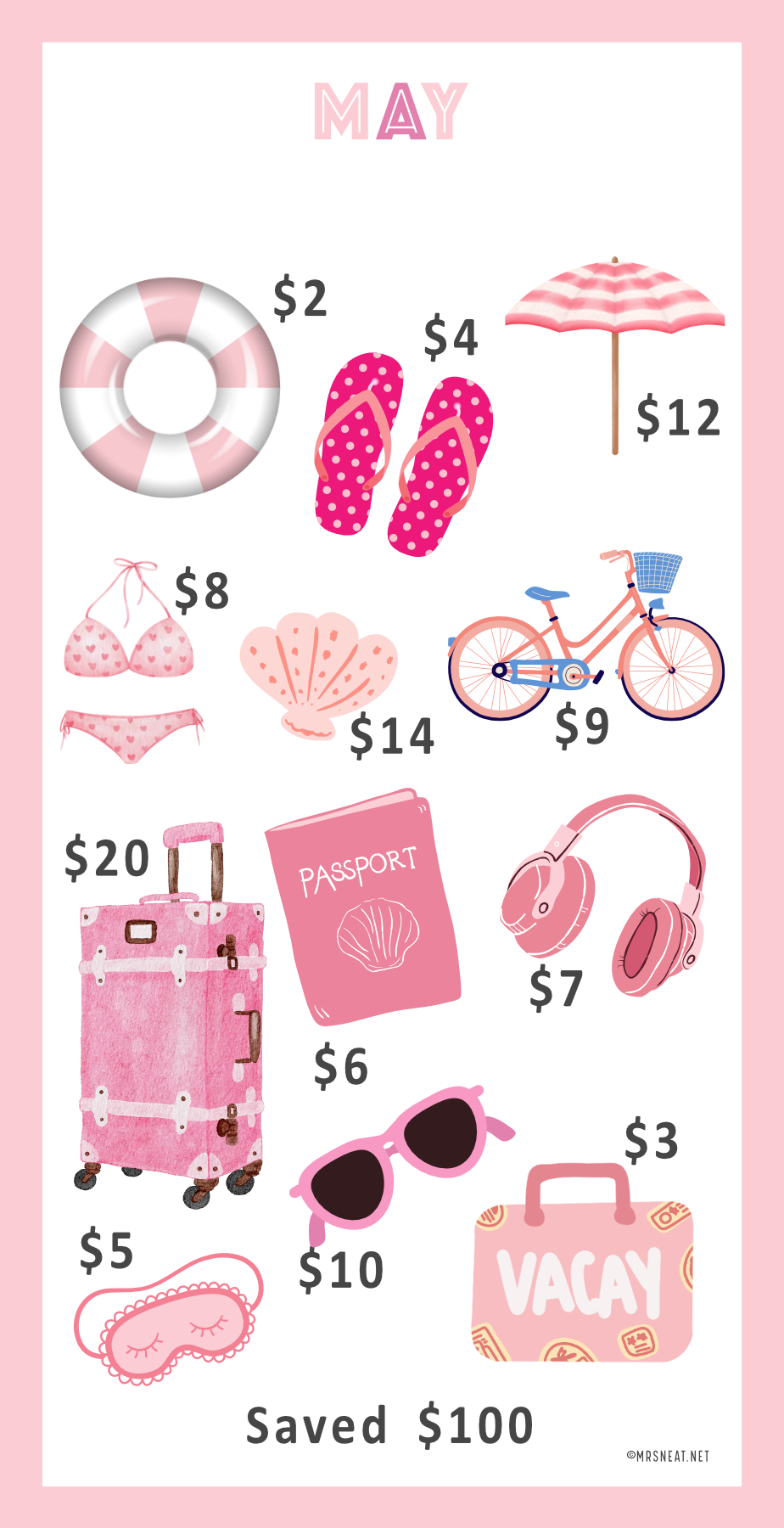 Mini savings challenge with saving amount on a pink background, including a bicycle, sunglasses, and a suitcase.