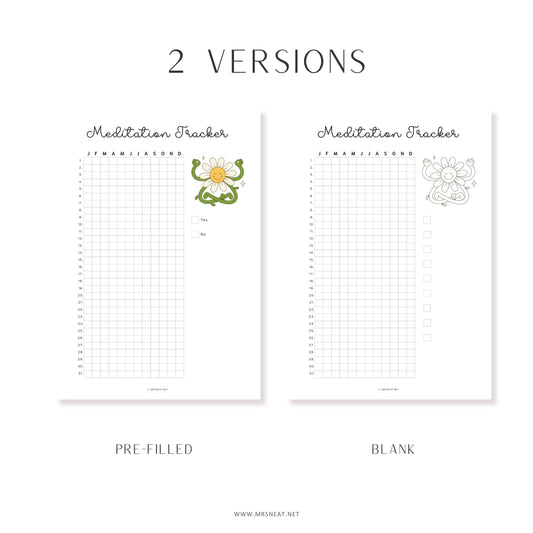 Meditation Tracker Yearly, PRINTABLE Journal Page, Track Fitness, Track Health, Track Meditating, Meditate Tracker, Daily Meditation, 2 Versions, A4, A5, Letter, Half Letter, PDF, Digital Planner, Printable Planner