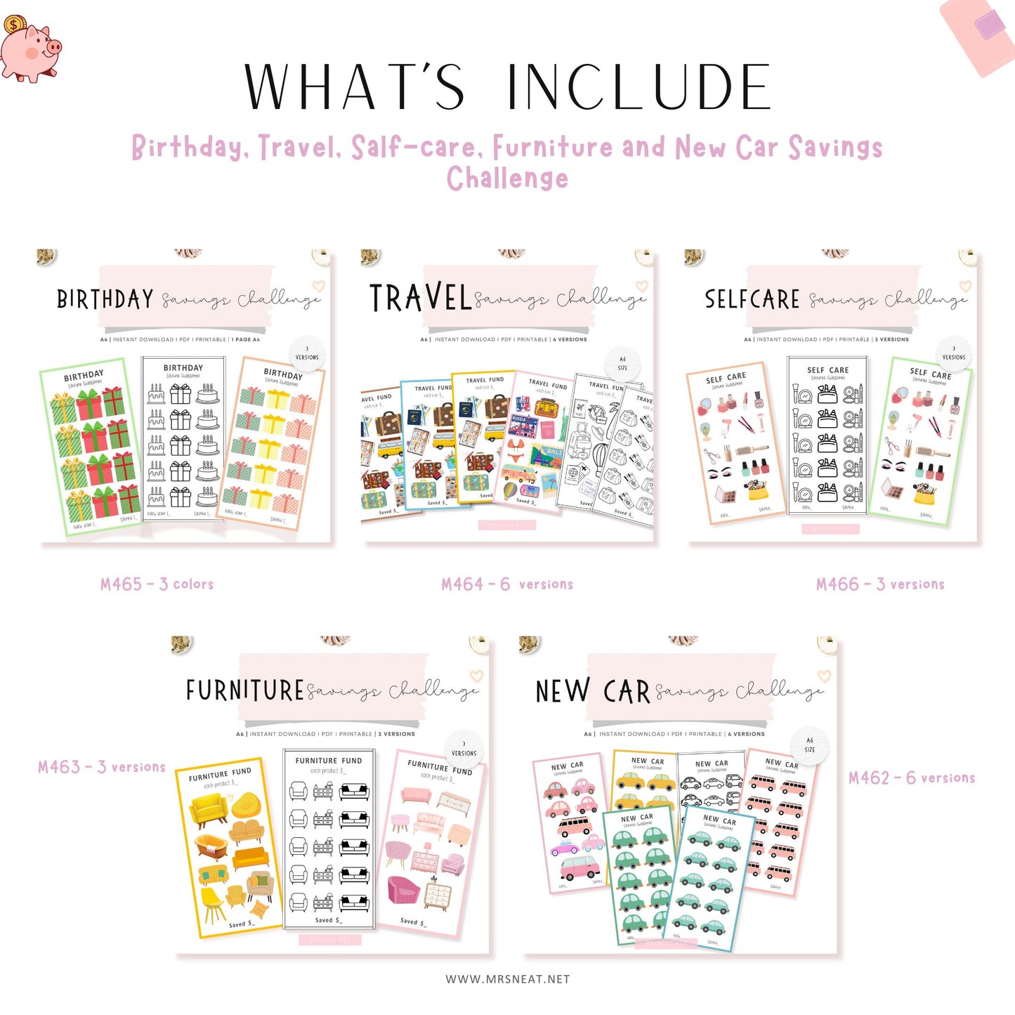 Collection of savings challenge charts for birthday, travel, self-care, furniture, and new car on a white background.