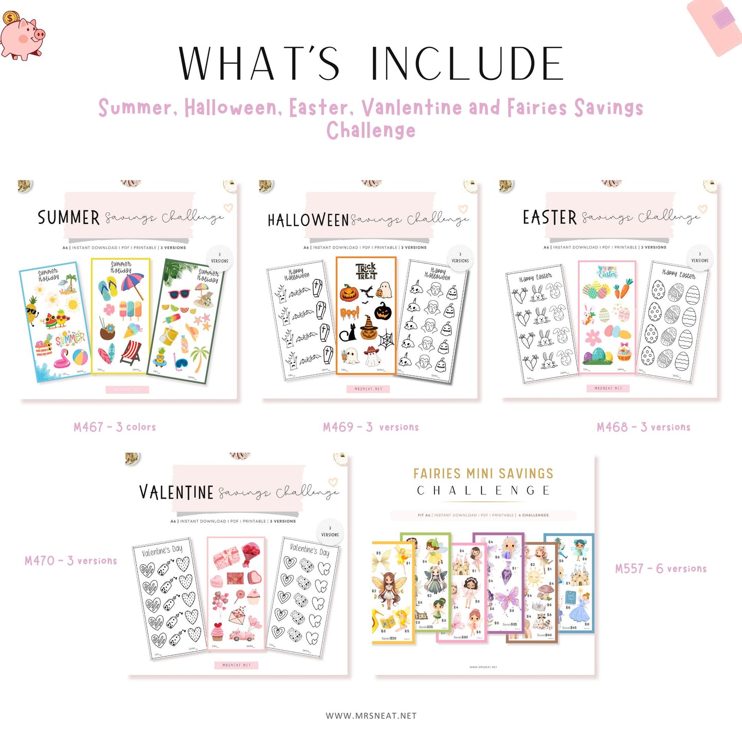 Collection of savings challenge charts for various holidays on a white background.