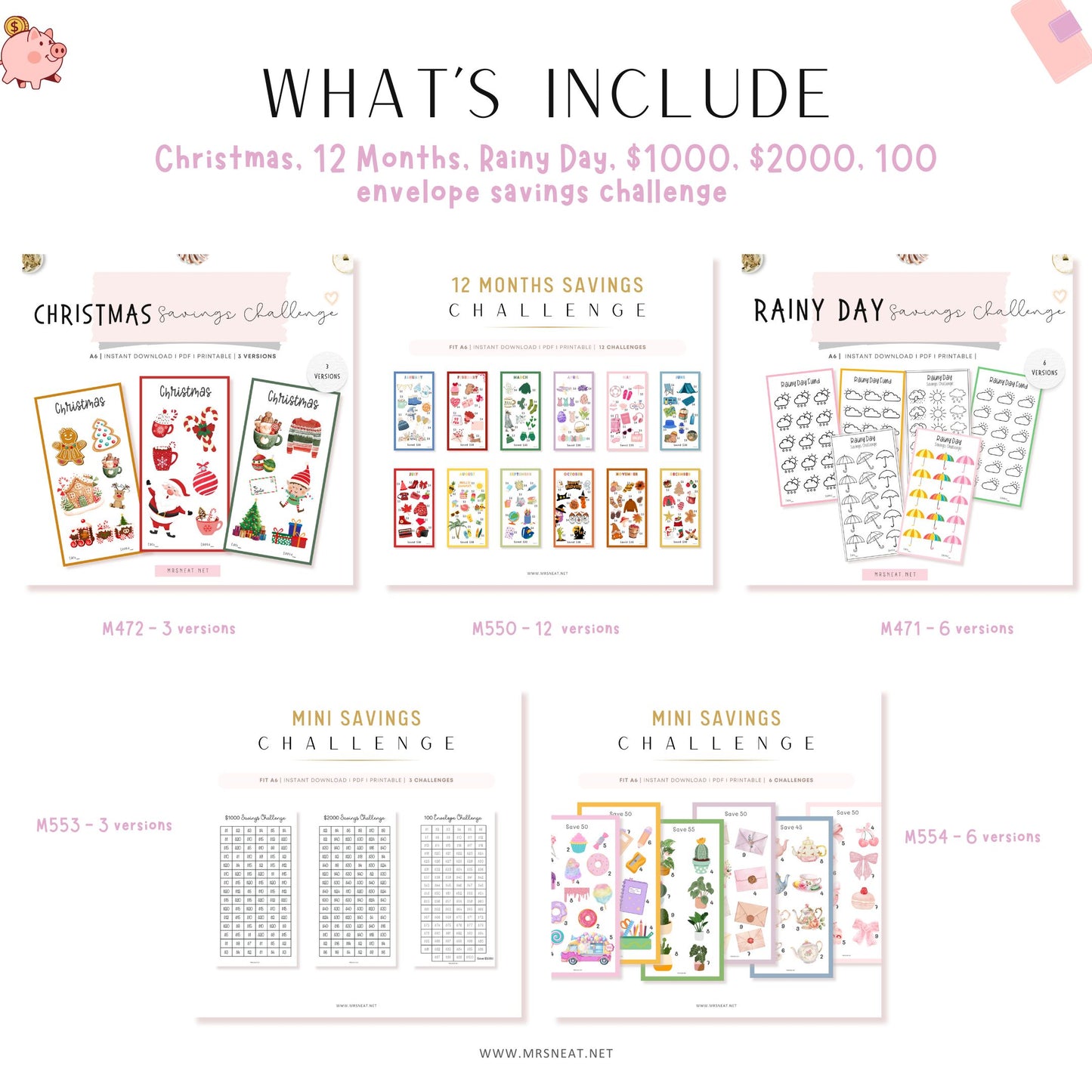 Collection of savings challenge printables for Christmas, 12 Months, Rainy Day, and Mini Savings Challenges on a white background.