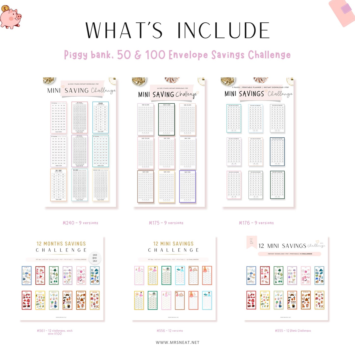 Set of savings challenge charts with piggy bank and envelope labels on a white background