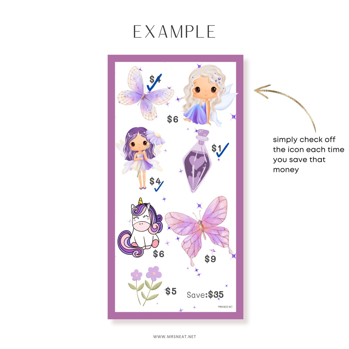 Sticker chart with cartoon characters and money amounts on a white background