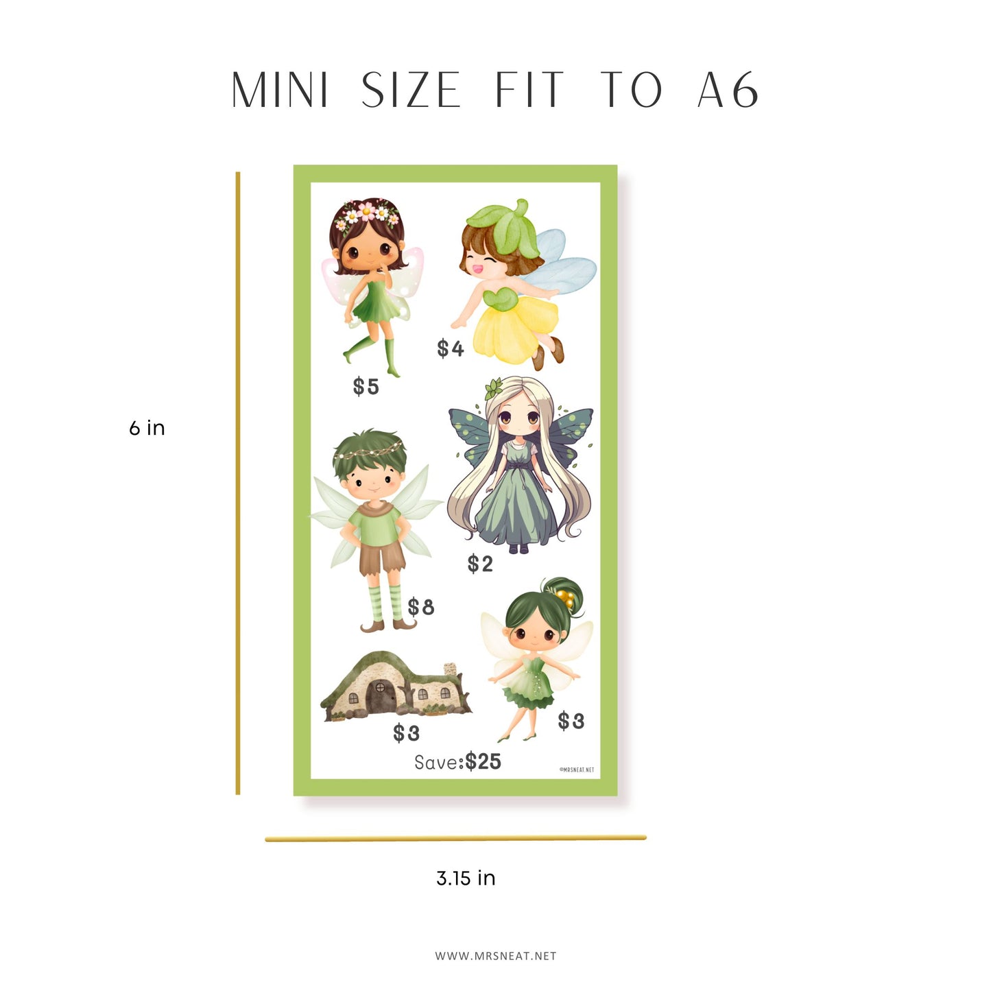 Illustration of fairy characters with pricing on a green background, labeled 'Mini Size Fit to A6'.