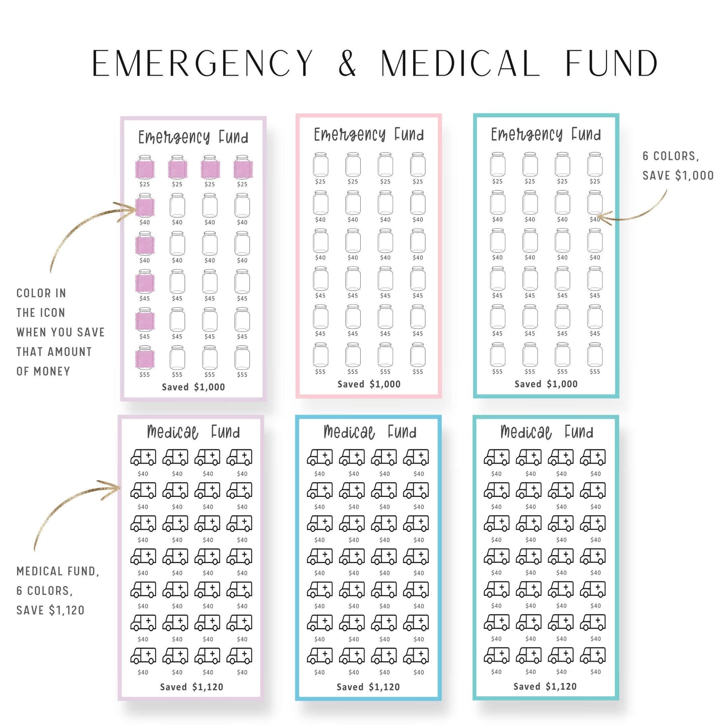 Emergency Fund and Medical Fund Saving Challenge Printable Bundle