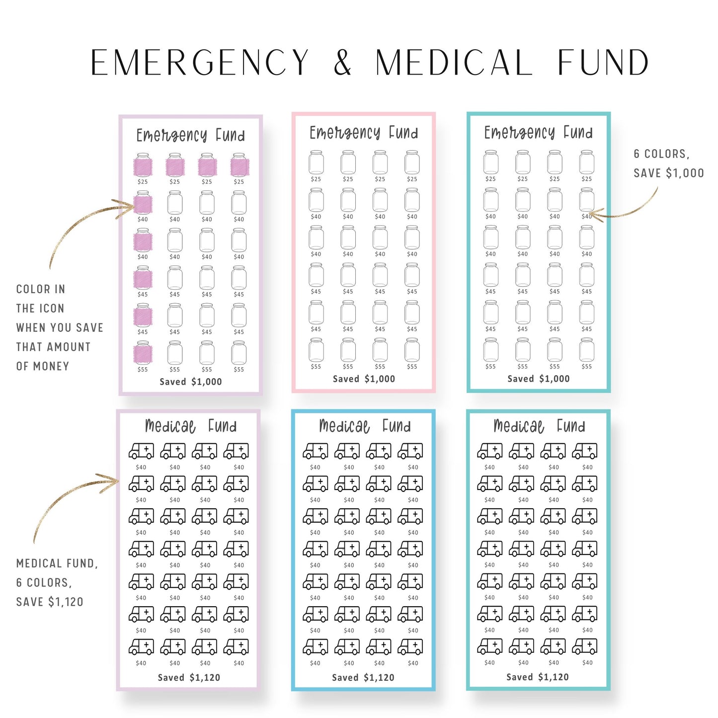 Emergency Fund and Medical Fund Saving Challenge Printable Bundle