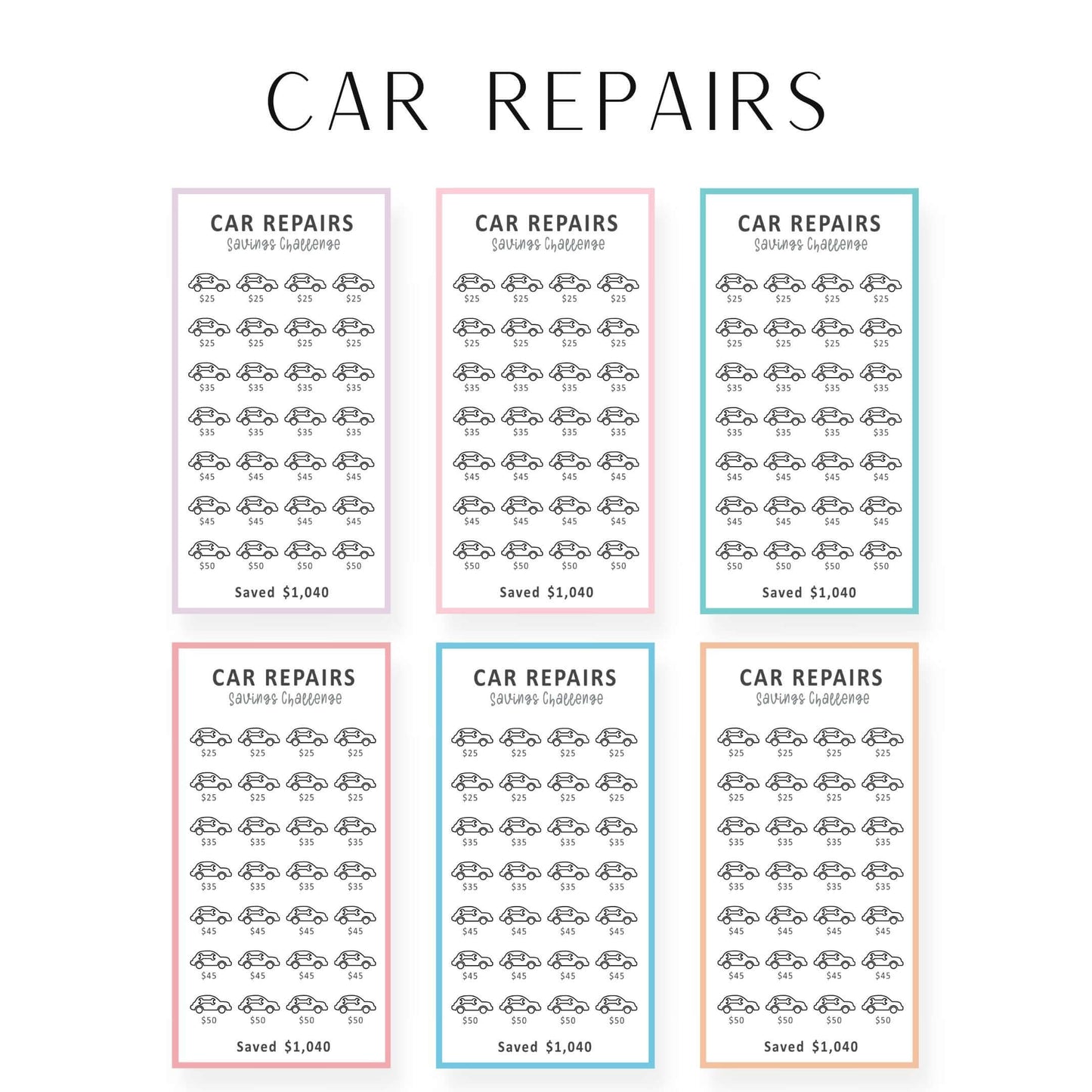 Car Repair A6 Saving Challenge Printable Bundle