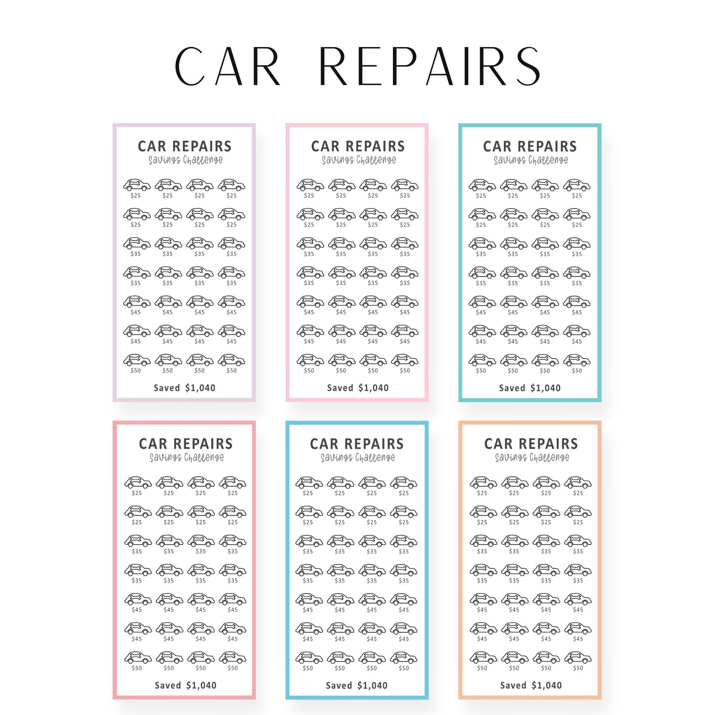 Car Repair A6 Saving Challenge Printable Bundle