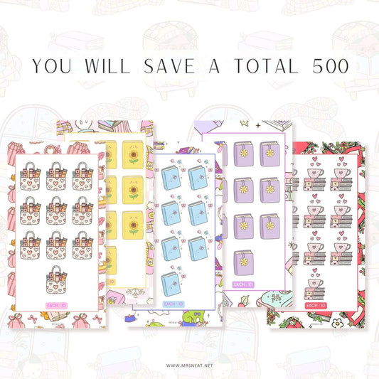 Bookish Savings Challenge, A6, Printable, Colorful, Cute, 5 Challenges, 1 cover, Bookish Themed, for Book Lovers, Book Club, Total Save 500, Budget Tracker, Savings Tracker, Cash Stuffing, Tiny Mini Savings Challenge, Kawaii Savings Challenge, Low Income Savings Challenge, Low income budget tracker, Printable, Digital Download, 4 versions, EURO USD POUND BLANK