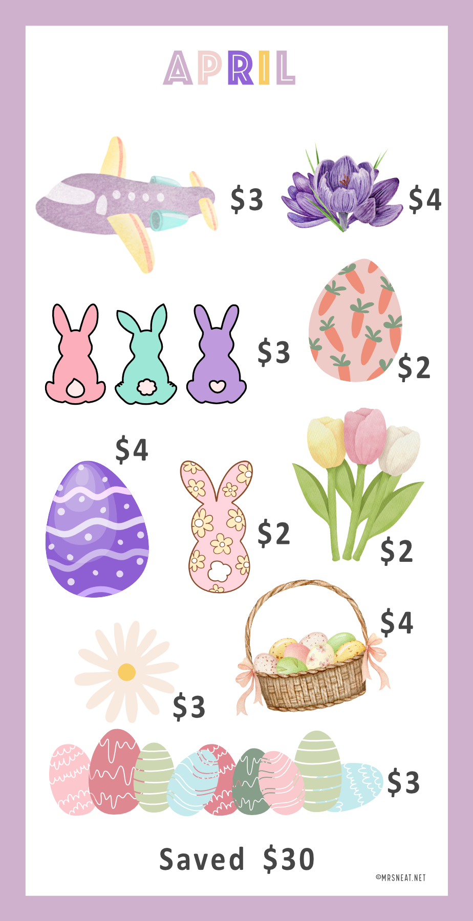 April Mini Savings Challenge with Easter-themed items on a purple background