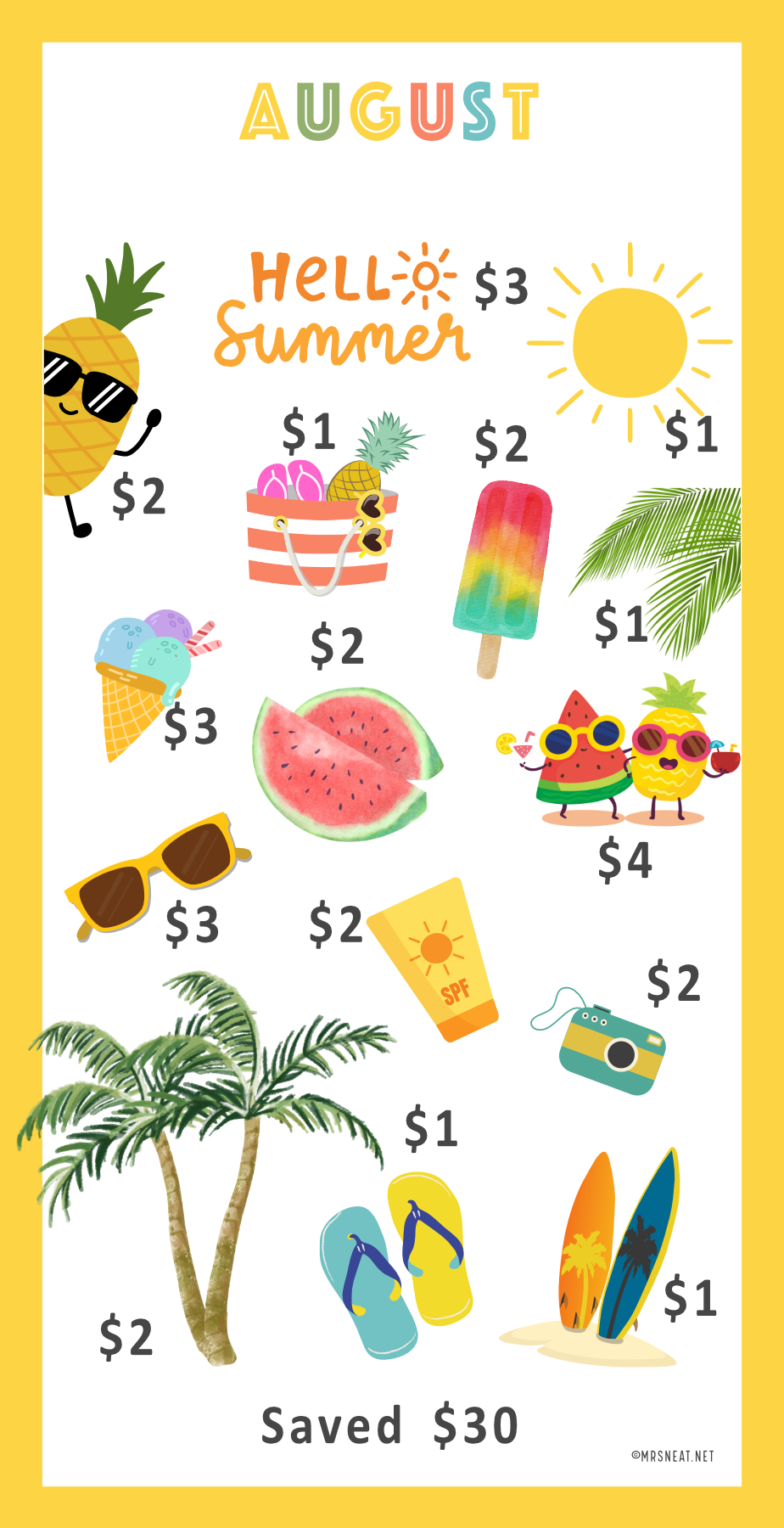 August savings tracker with summer-themed illustrations on a yellow background