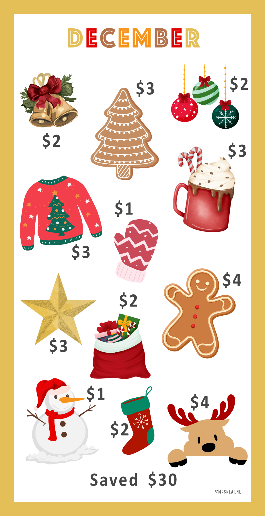 Mini Savings Challenge with Christmas-themed items and prices on a gold border