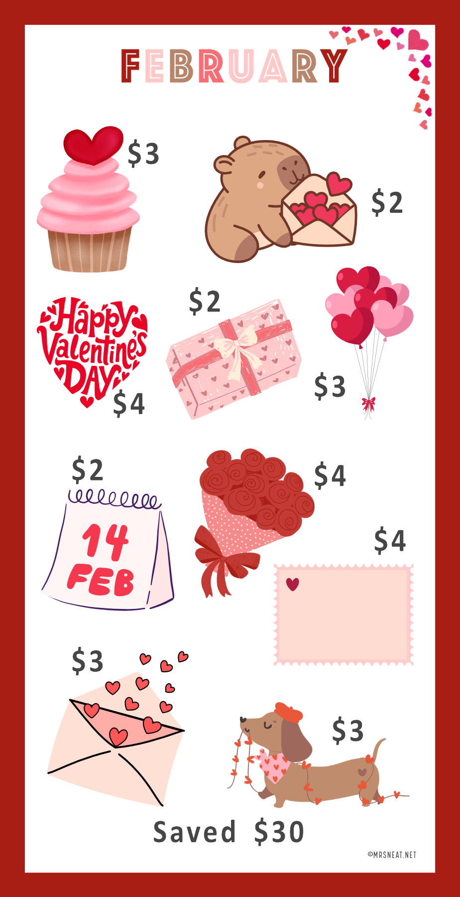 Valentine's Day-themed Mini Savings Challenge with cartoon illustrations on a white background.