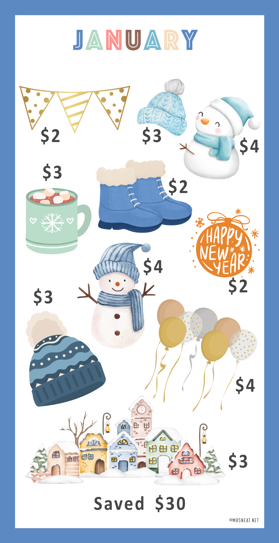 Illustrated Mini Savings Challenge with winter-themed graphics and 'Happy New Year' text on a blue border.