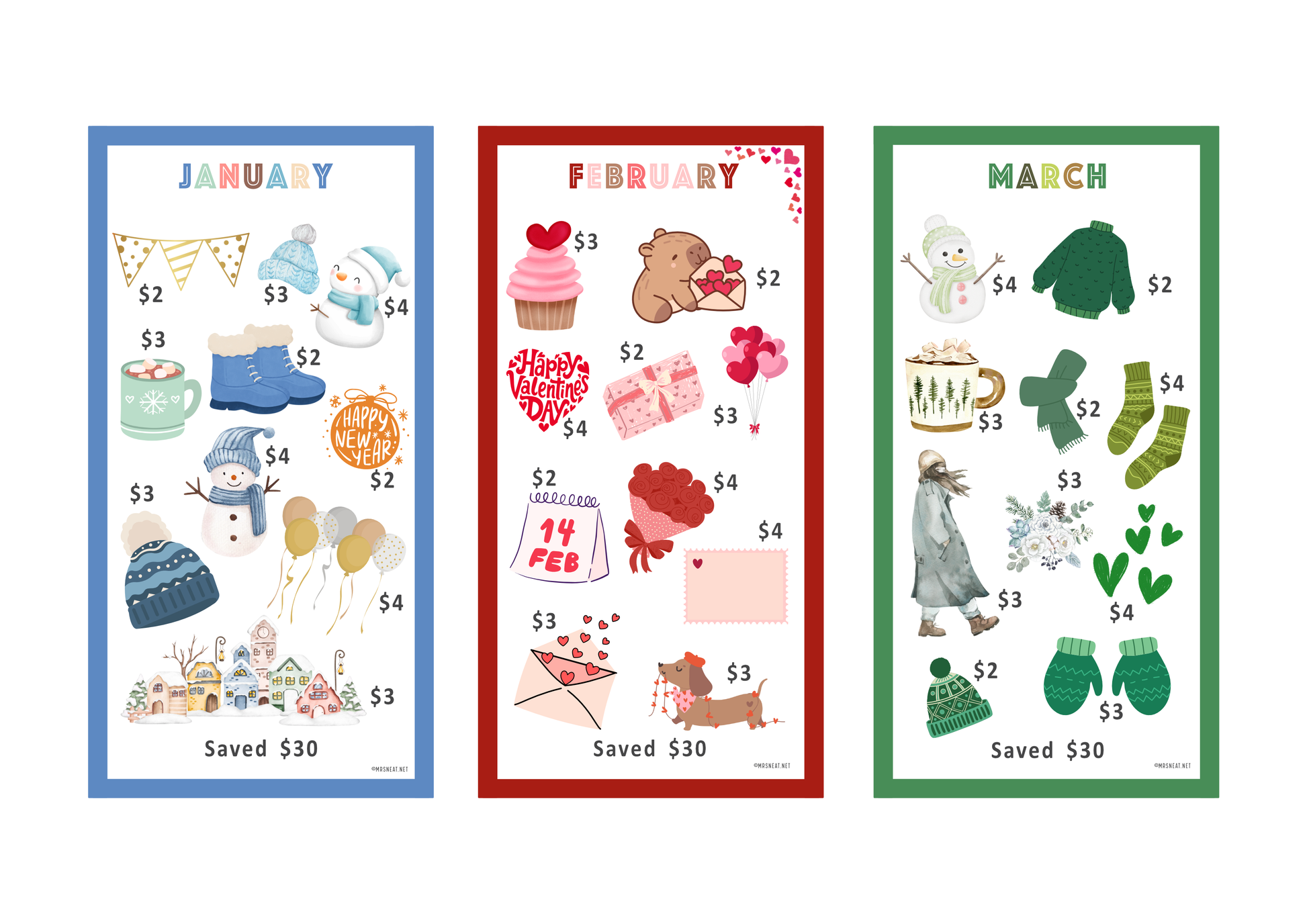 Three colorful Mini Savings Challenge for January, February, and March with illustrations and text.