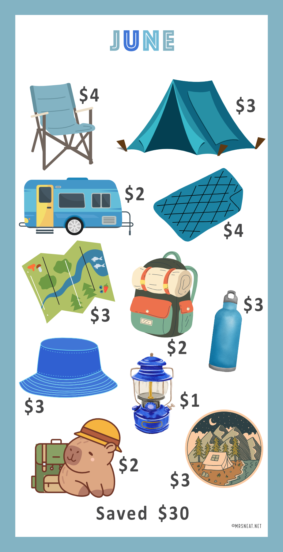 Illustrations of camping supplies with savings number on a light blue background, featuring the word 'June'.