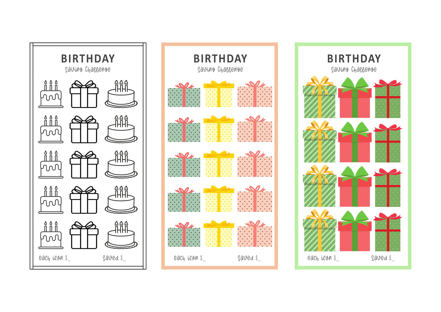 Three Mini Savings Tracker of birthday-themed with different designs on a white background.