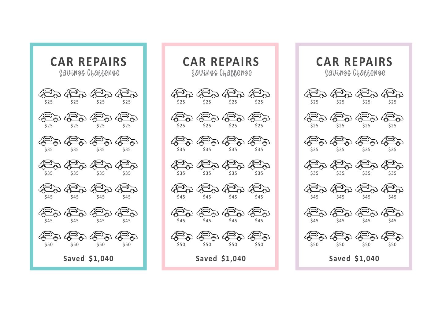 Three identical car repair savings trackers with colorful borders on a white background.