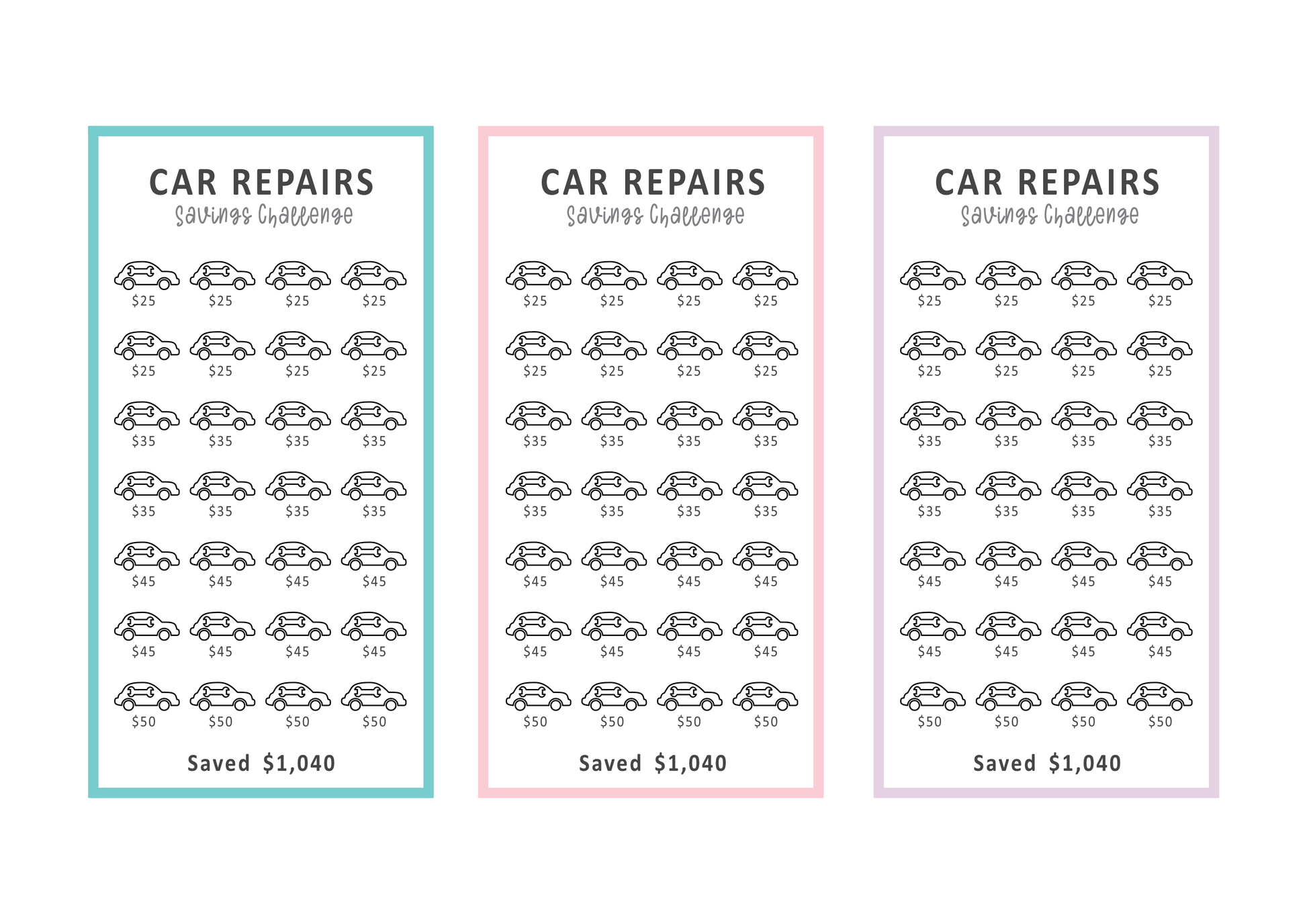 Three identical car repair savings trackers with colorful borders on a white background.