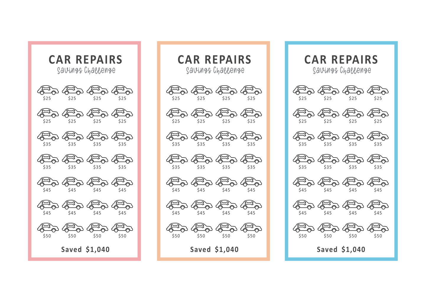 Three sheets of paper with car repair savings charts on a white background