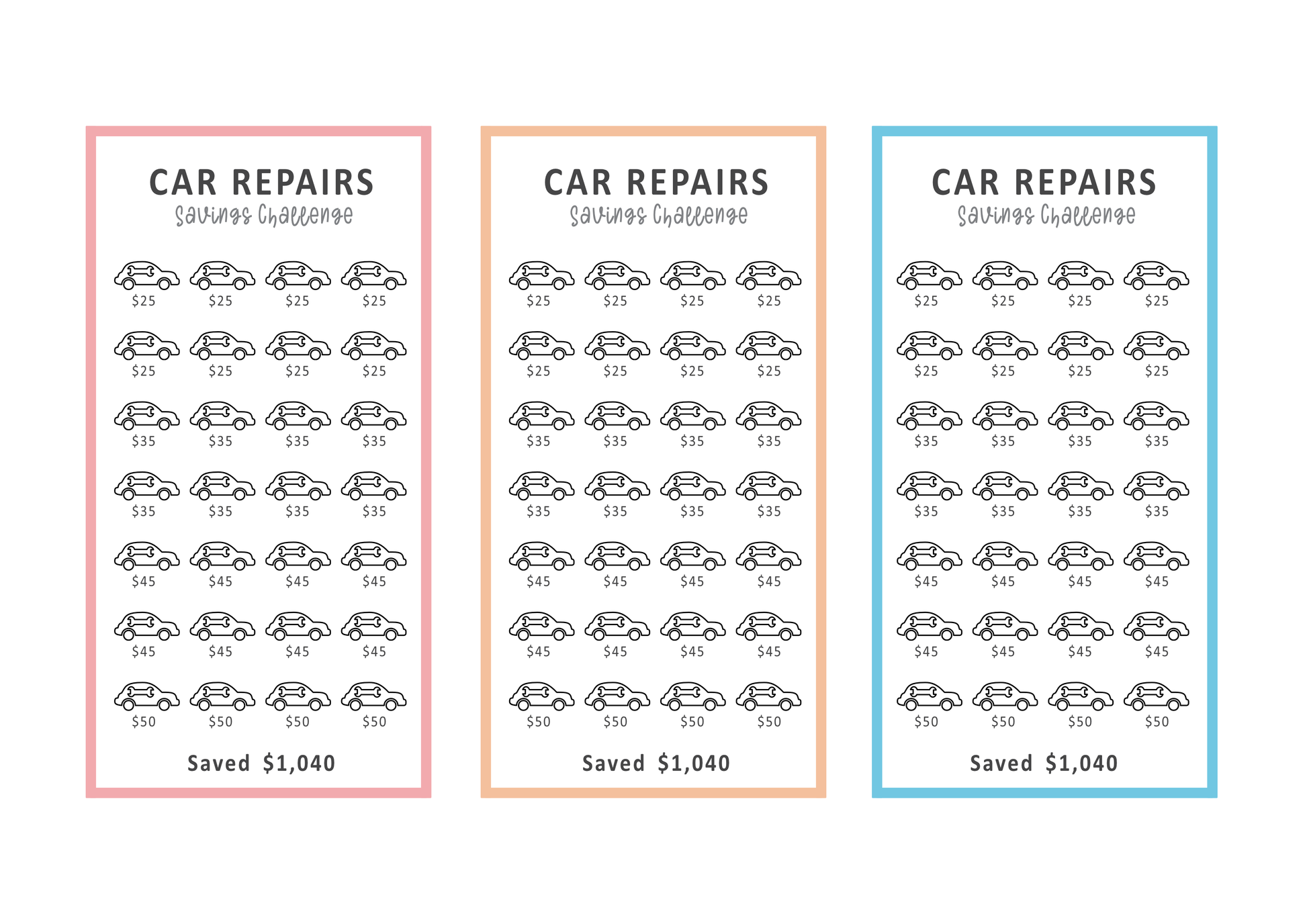Three sheets of paper with car repair savings charts on a white background