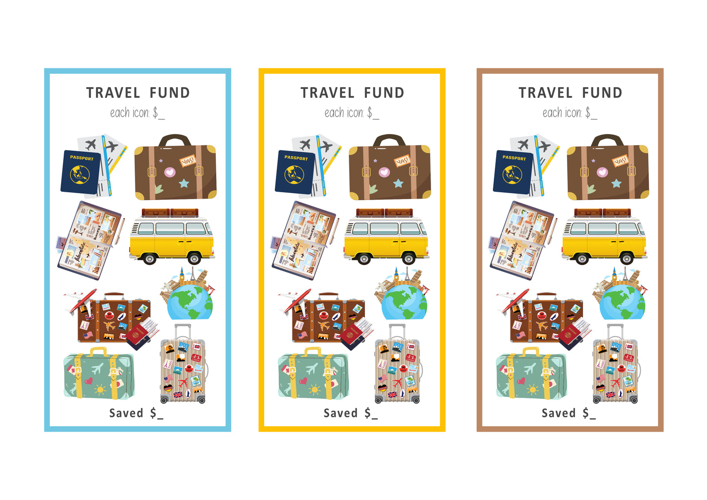 Three travel-themed 'Travel Fund' savings tracker cards with colorful illustrations of suitcases and a van.