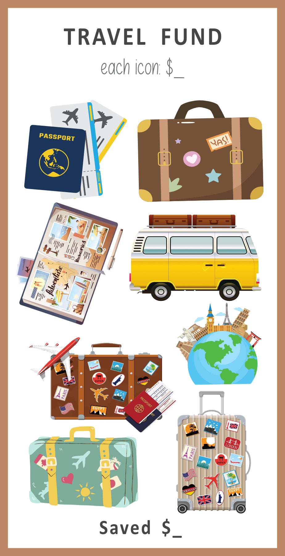 Travel-themed icons for a Travel fund tracker with suitcases, passports, and a van.