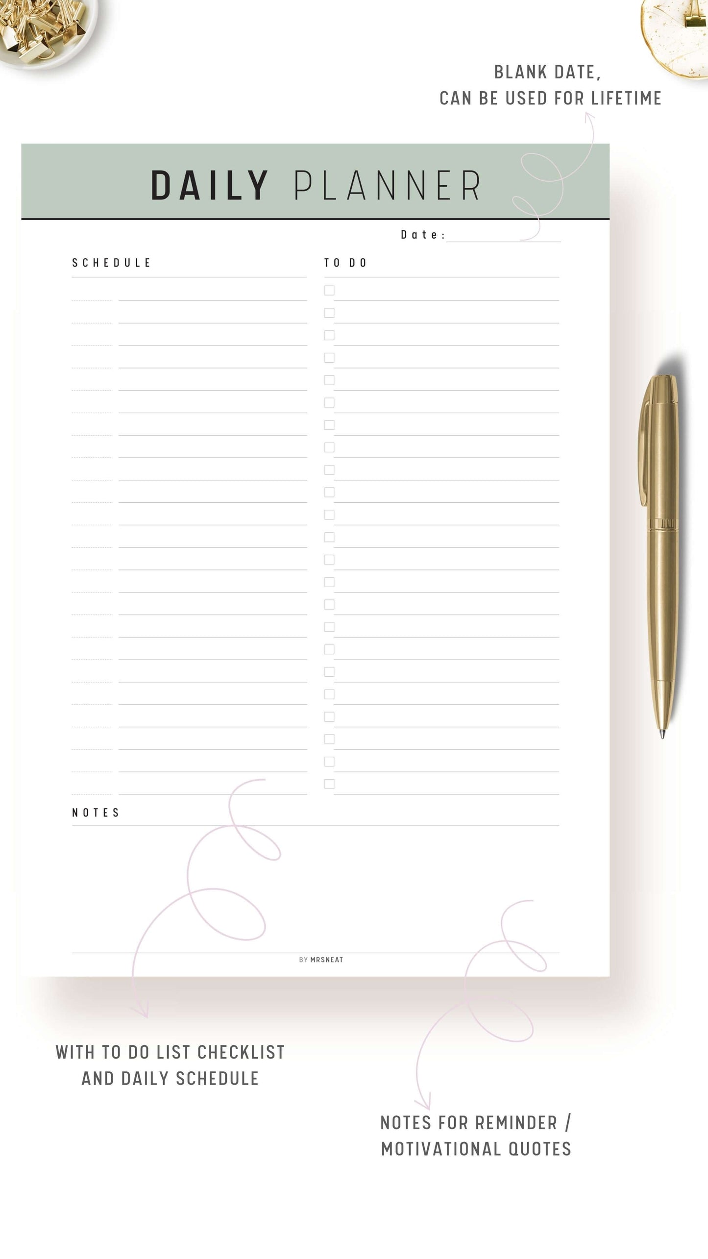 Green Minimalist Daily Planner Printable