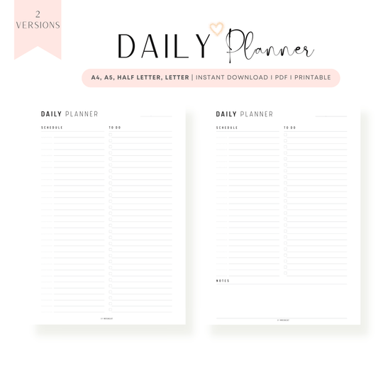 Minimalist Daily Planner Printable, Daily Planner Page, Fillable Daily Schedule, Daily To Do list, A4, A5, Letter, Half Letter, PDF