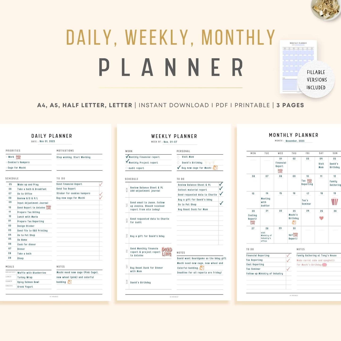 Minimalist Daily, Weekly & Monthly Planner, Sunday and Monday start, A4, A5, Letter, Half Letter, PDF, PDF Fillable, Printable Planner, Printable inserts