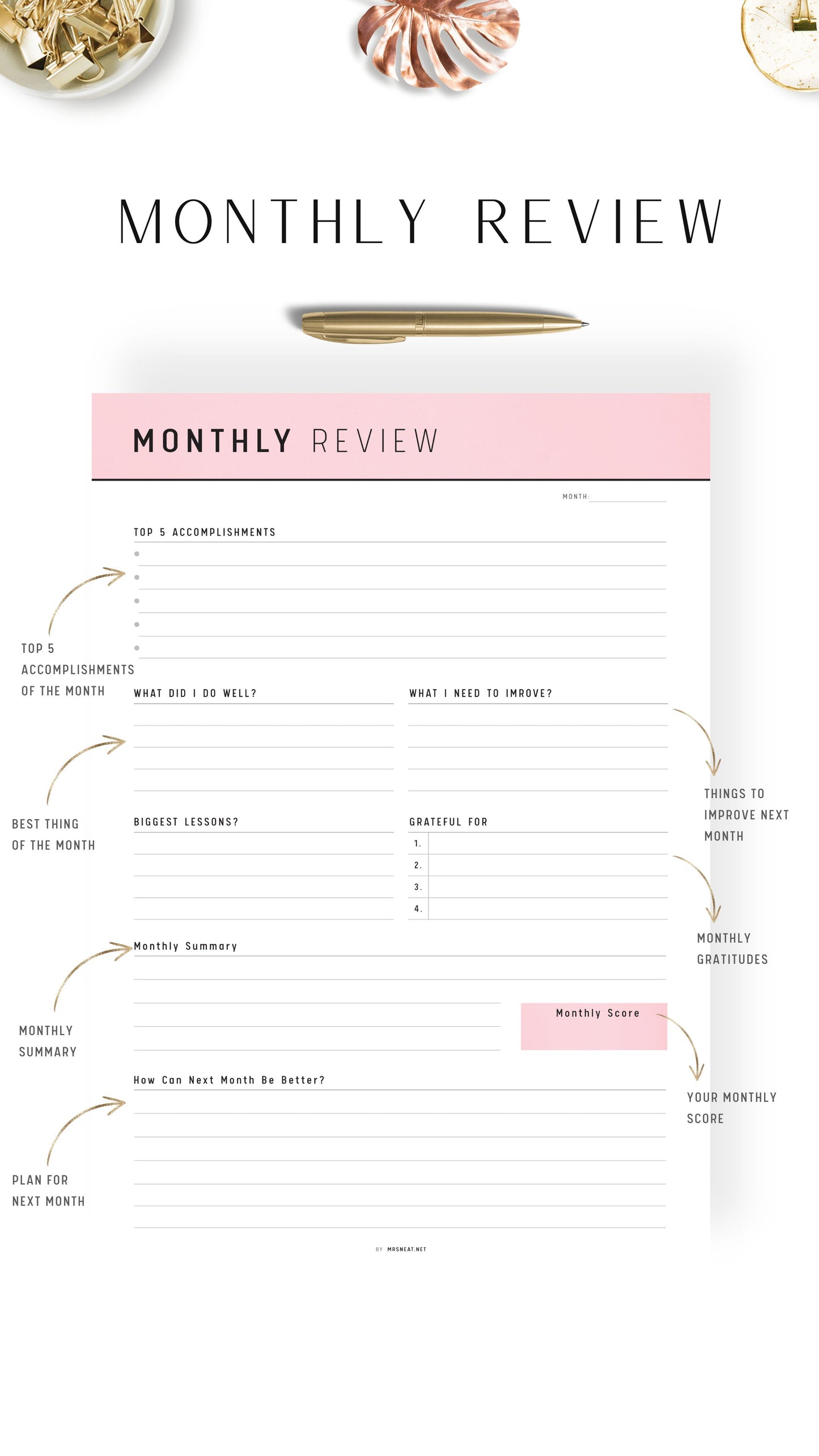 Pink Monthly Review Template Printable