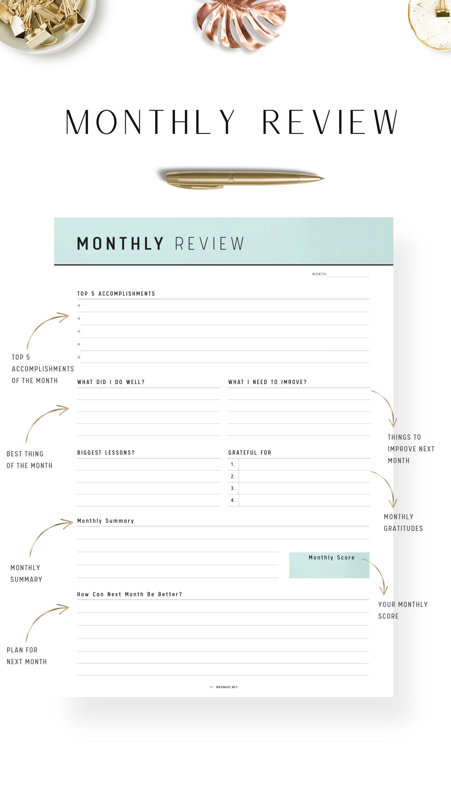 Green Monthly Review Template Printable