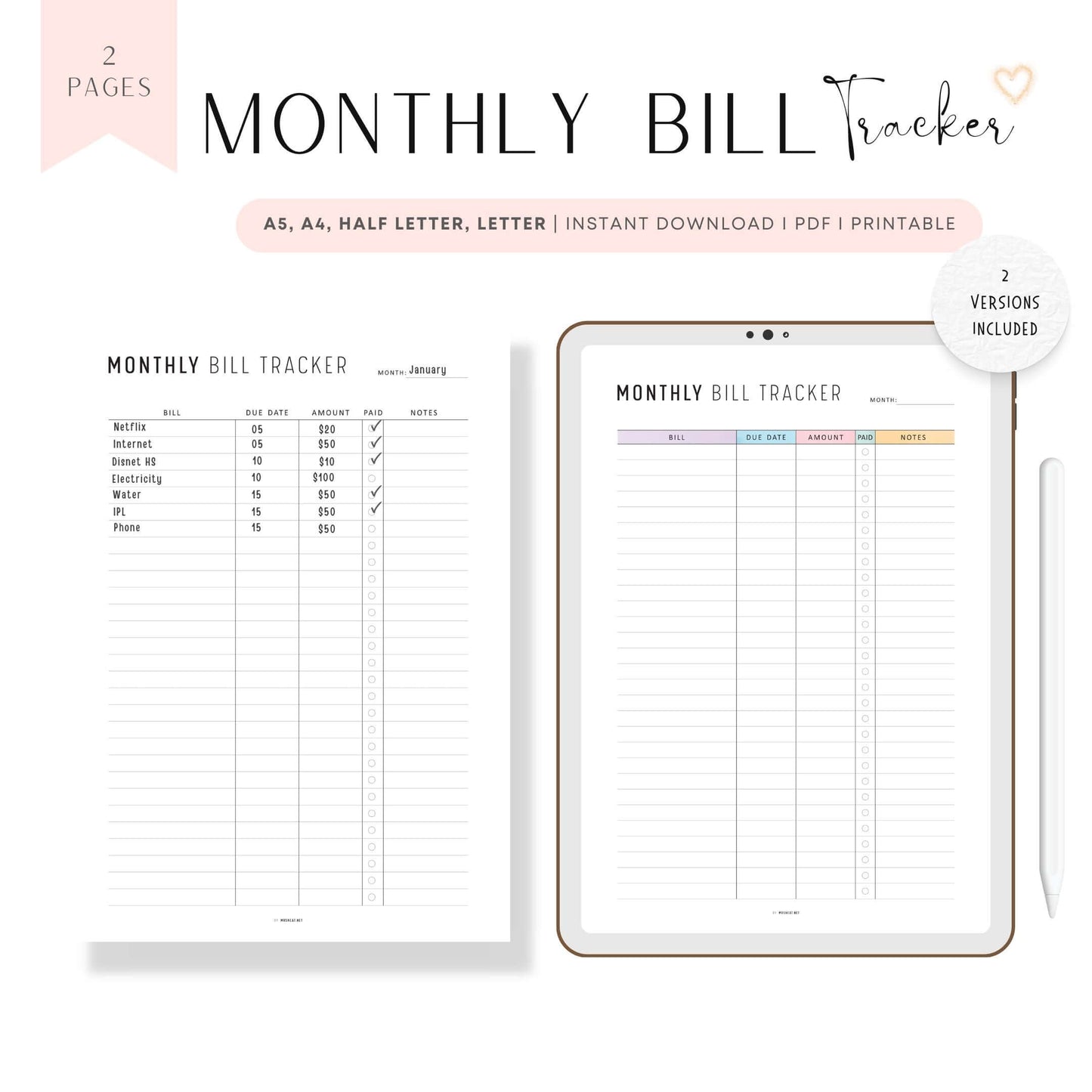 Monthly Bill Payment Tracker Template Printable, Minimalist Version, Colorful Version, A4, A5, Letter, Half Letter, Digital Monthly Budget Planner, Spending Tracker Template