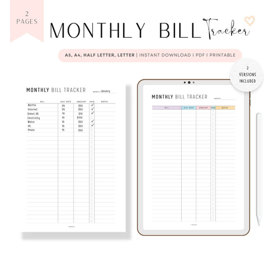 Monthly Bill Payment Tracker Template Printable, Minimalist Version, Colorful Version, A4, A5, Letter, Half Letter, Digital Monthly Budget Planner, Spending Tracker Template