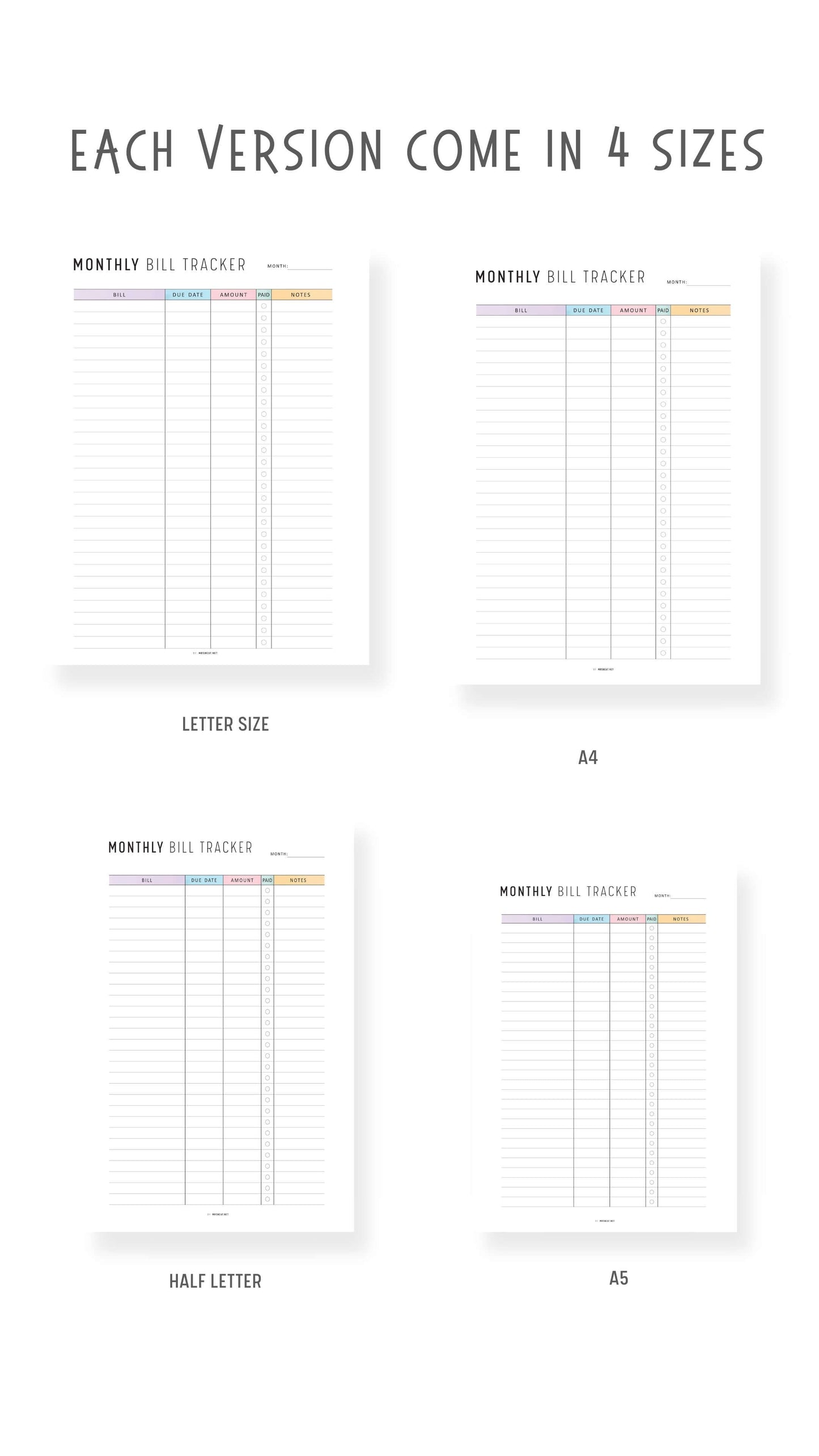 Monthly Bill Payment Tracker Template Printable, Minimalist Version, Colorful Version, A4, A5, Letter, Half Letter, Digital Monthly Budget Planner, Spending Tracker Template