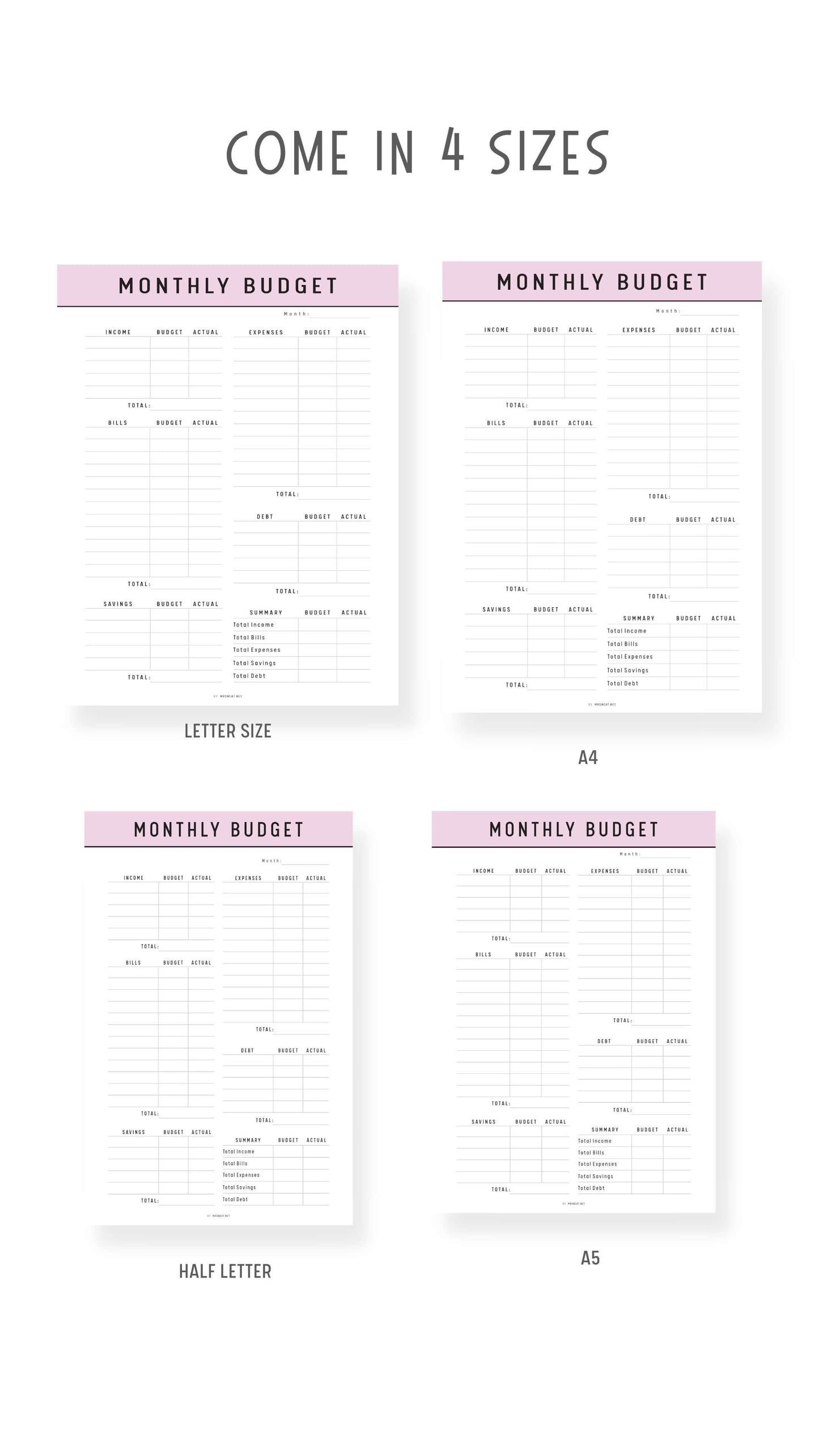 4 sizes Monthly Budget Planner Template Printable