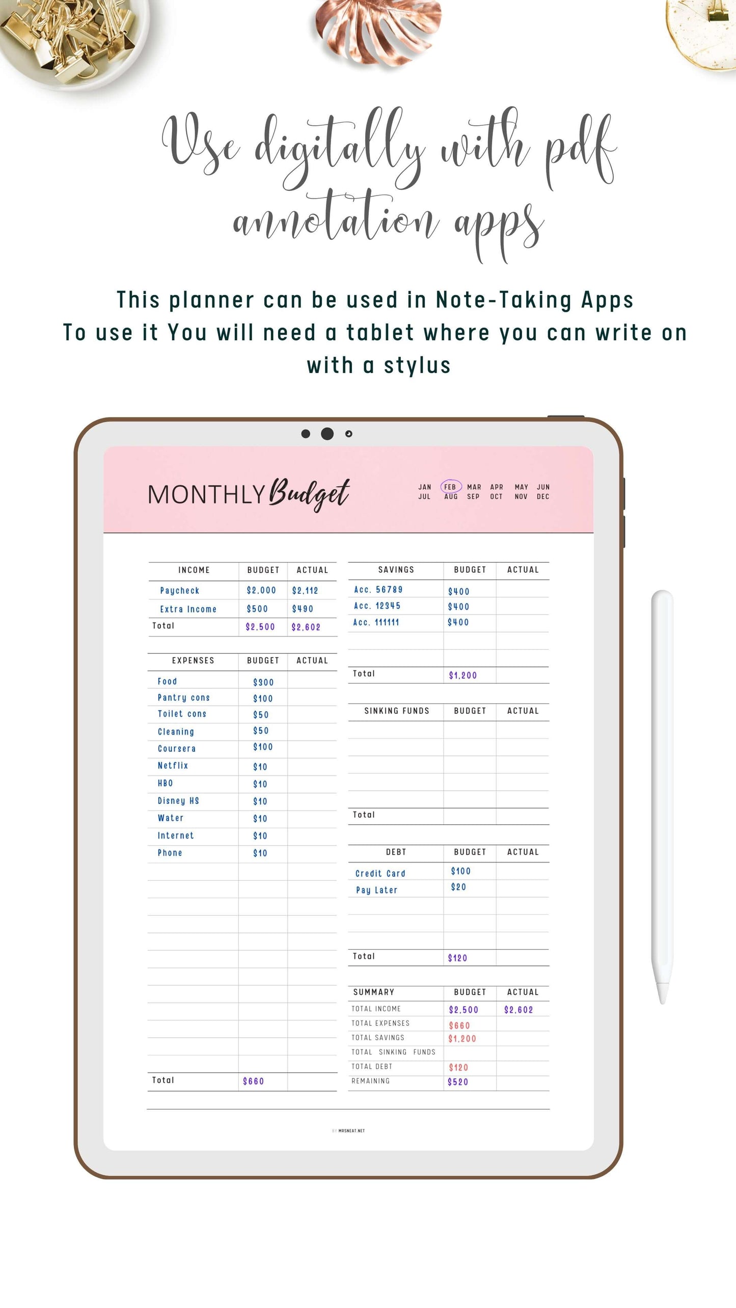 Digital Monthly Budget Tracker Template