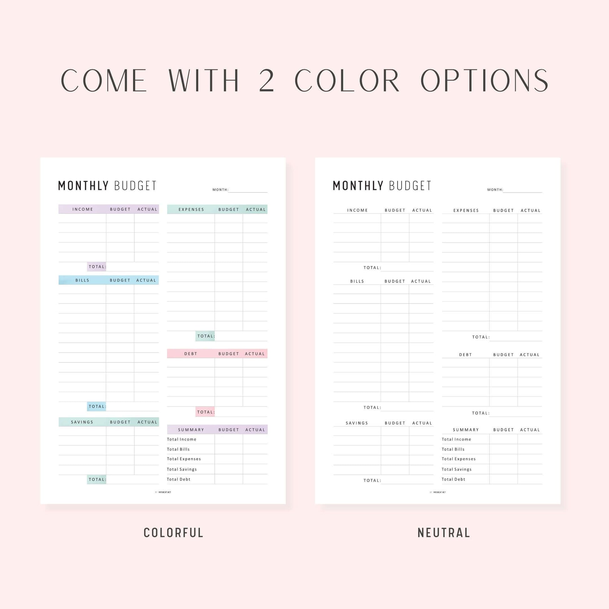 Monthly Budget Printable, A4, A5, Letter, Half Letter, 2 Colors, Digital Planner