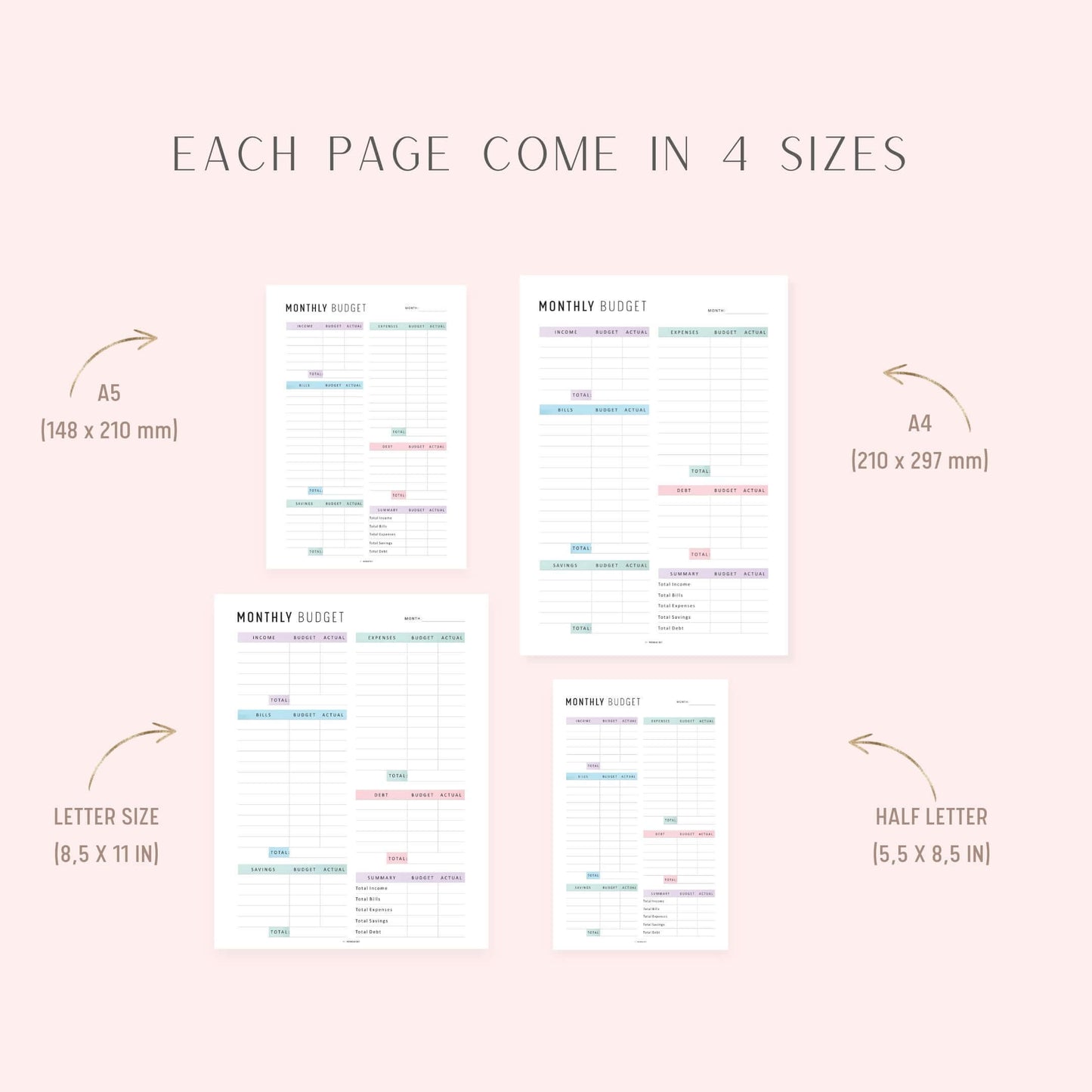 Monthly Budget Printable, A4, A5, Letter, Half Letter, 2 Colors, Digital Planner