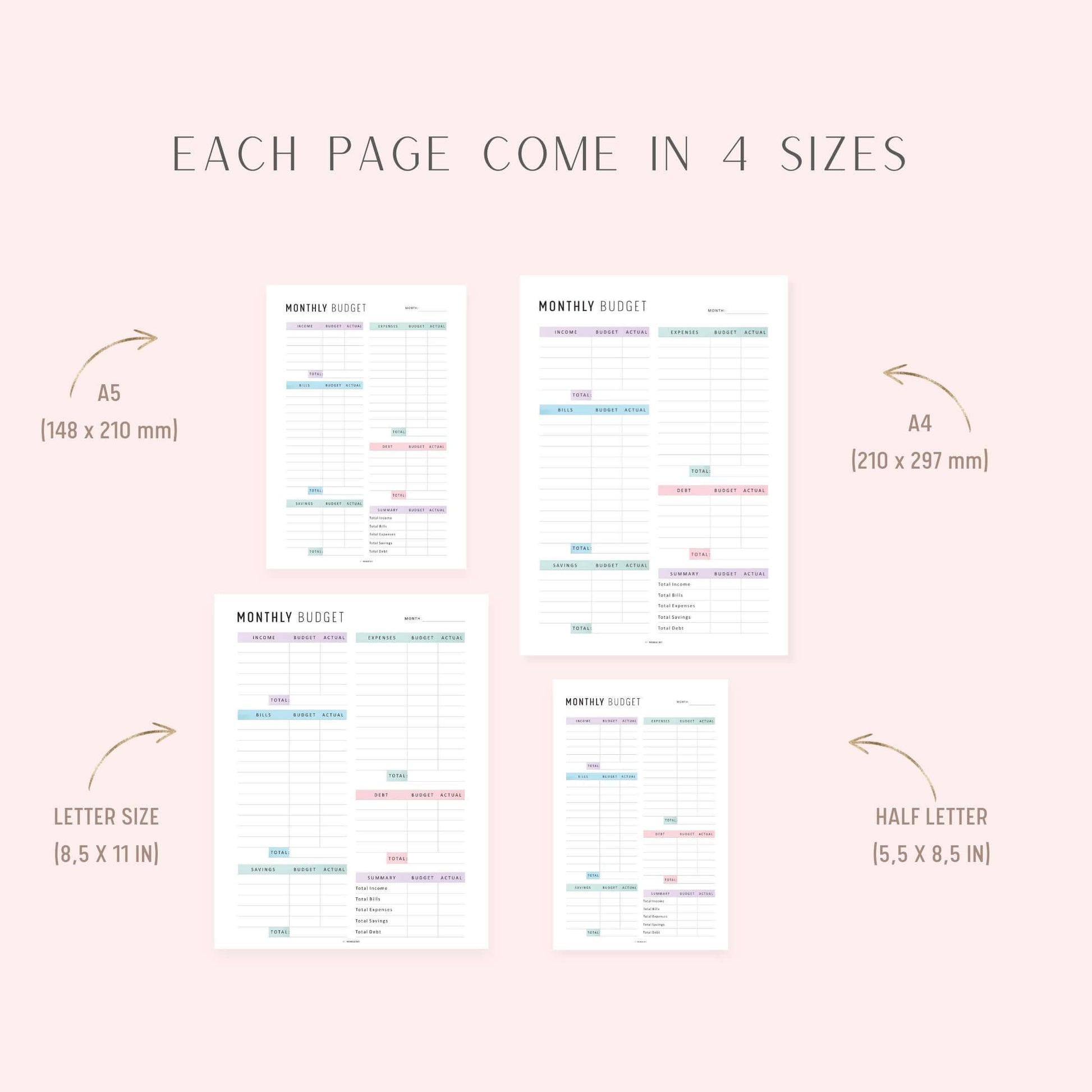 Monthly Budget Printable, A4, A5, Letter, Half Letter, 2 Colors, Digital Planner