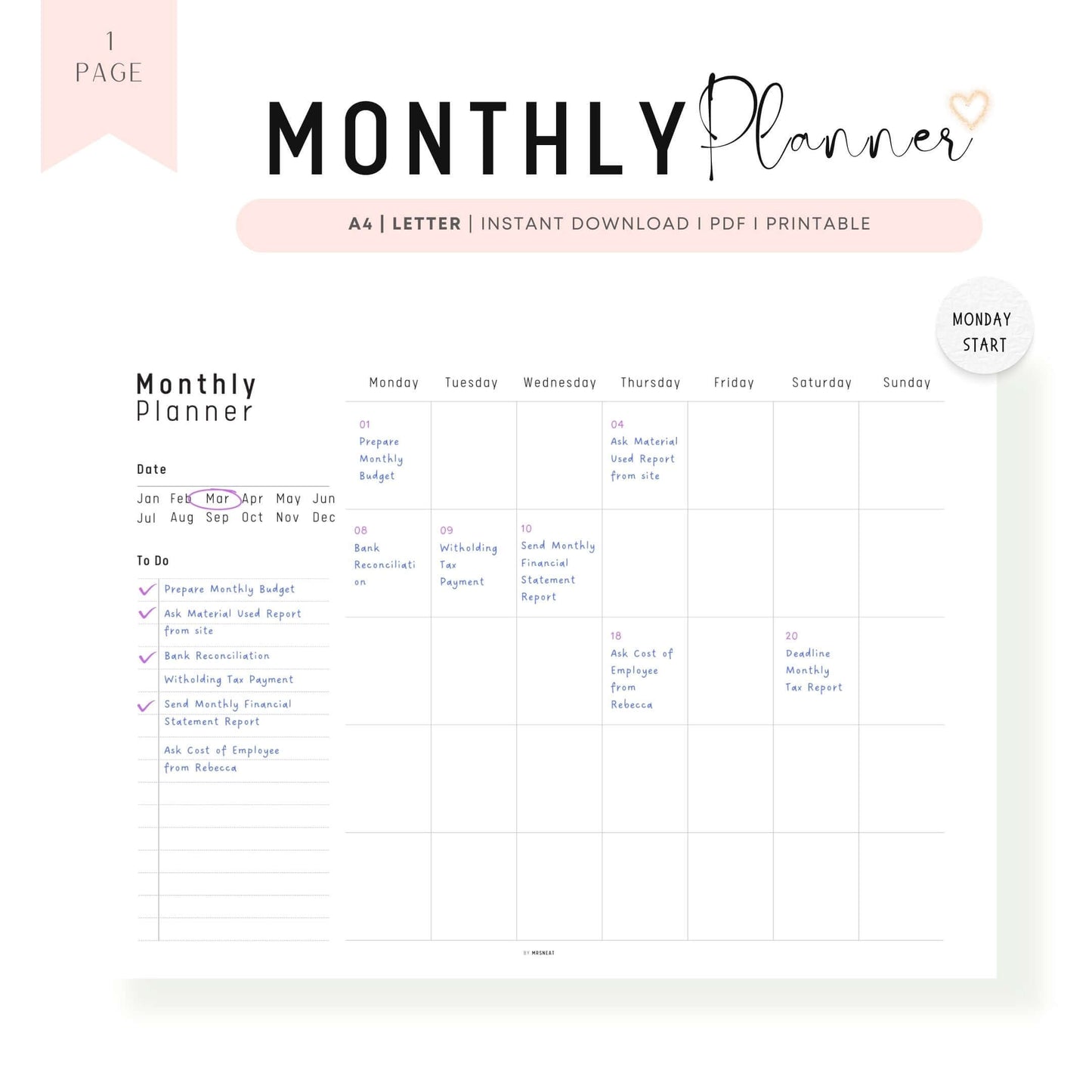 Simple Monthly Planner Printable