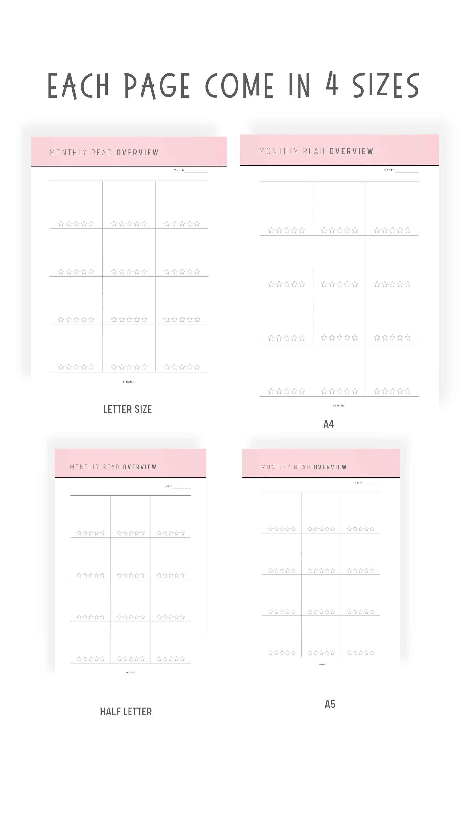 A4, A5, Letter, Half Letter Monthly Reading Overview Template