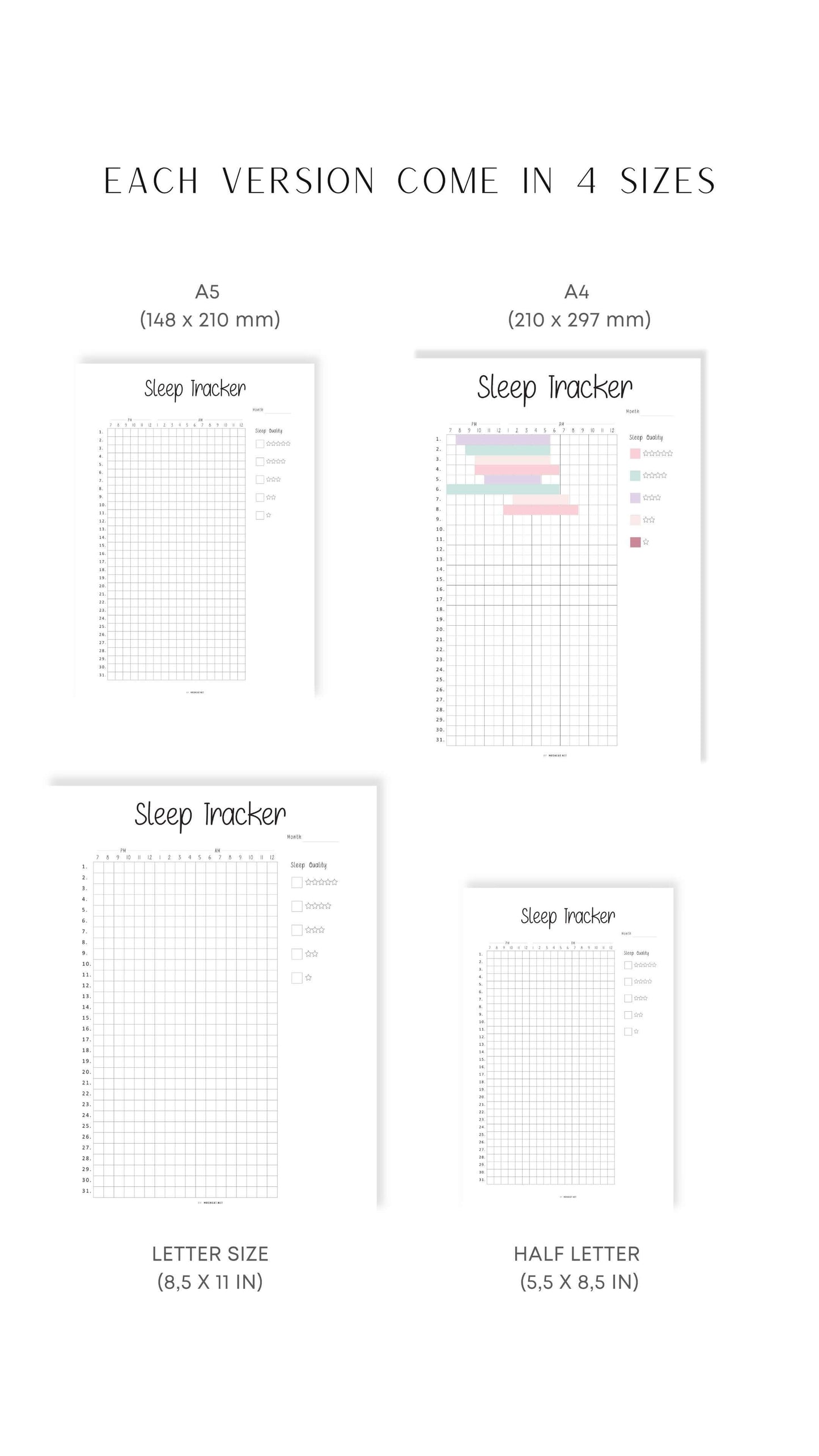 A4, A5, Letter, Half Letter Sleep Quality Tracker Printable